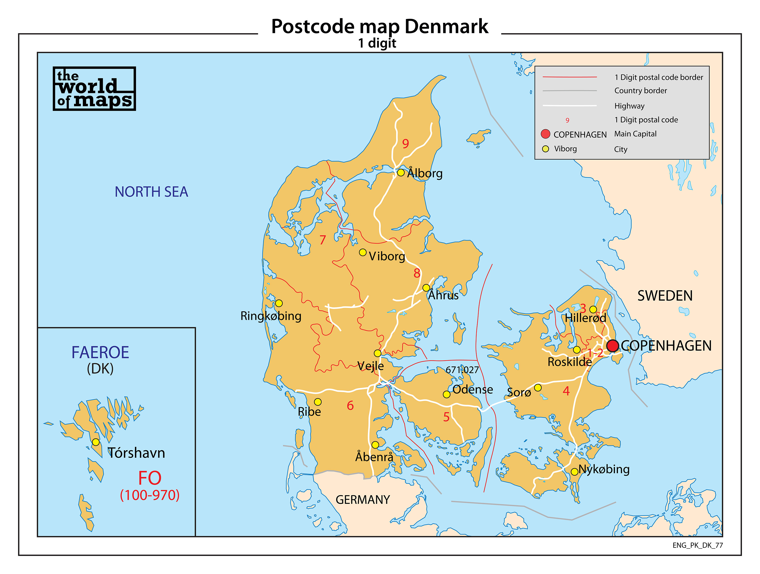 Postcode 8670 Denmark Denemarken 1-cijferige postcodekaart 77 | Kaarten en Atlassen.nl