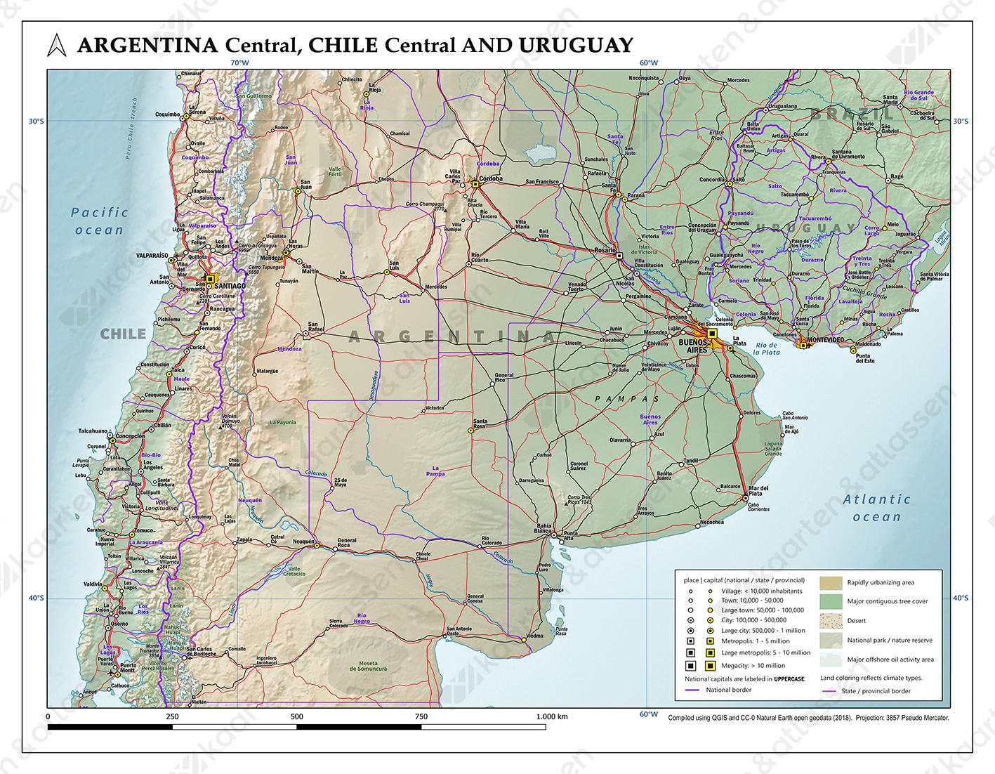 Kaart Argentinië, Chili en Uruguay
