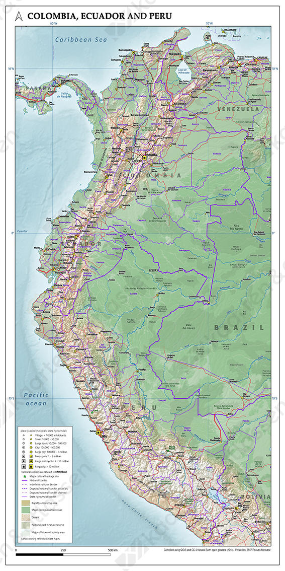 Natuurkundige kaart Colombia, Ecuador en Peru