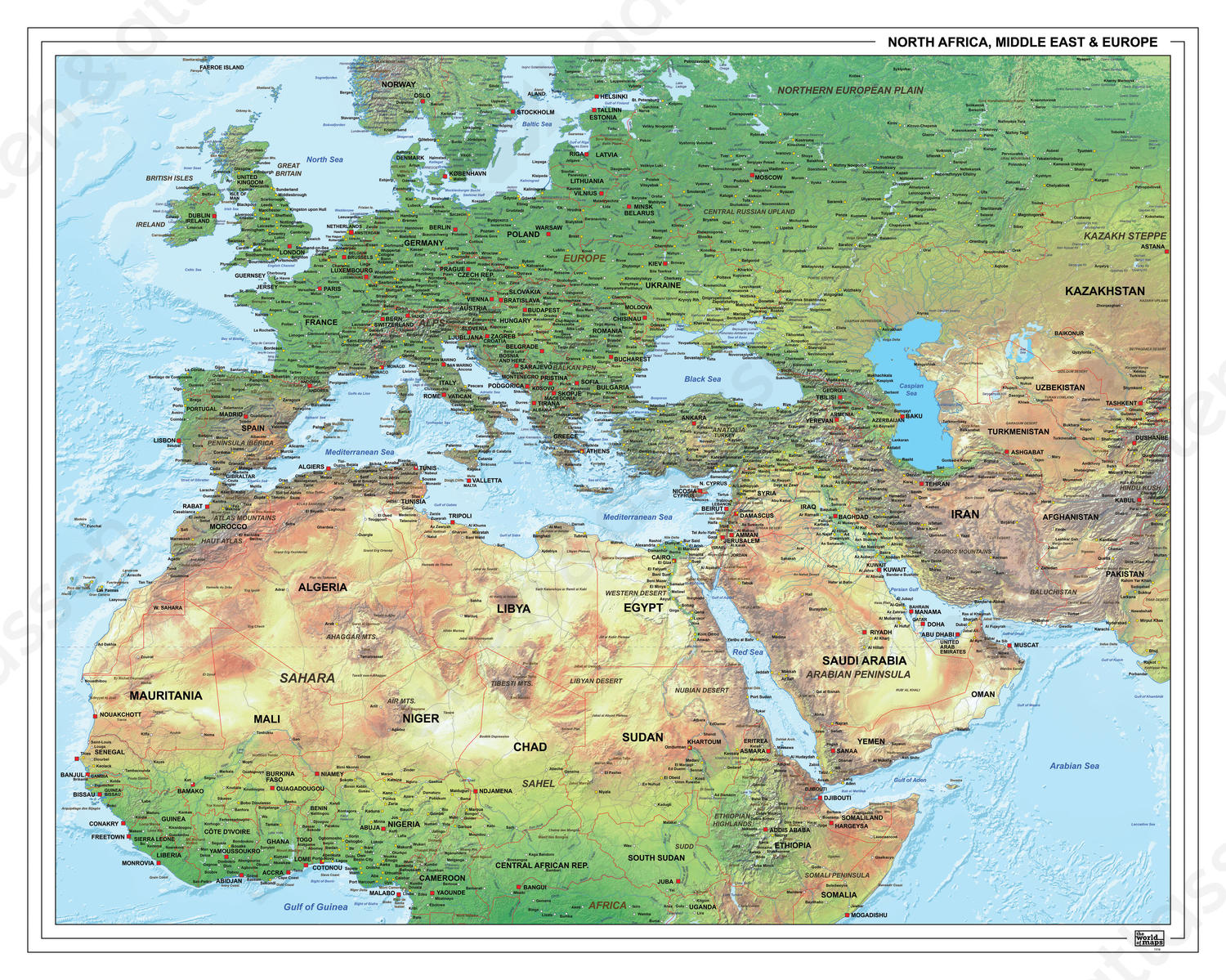 Digitale Europa Afrika Midden-Oosten Natuurkundige kaart 