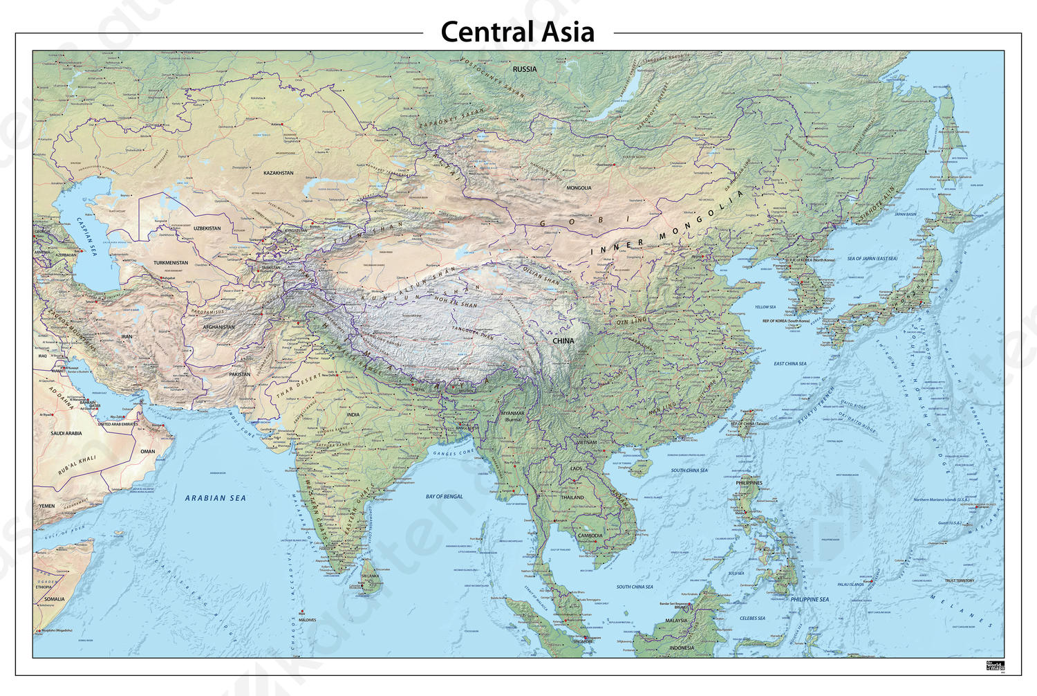 Centraal Azië natuurkundige kaart 