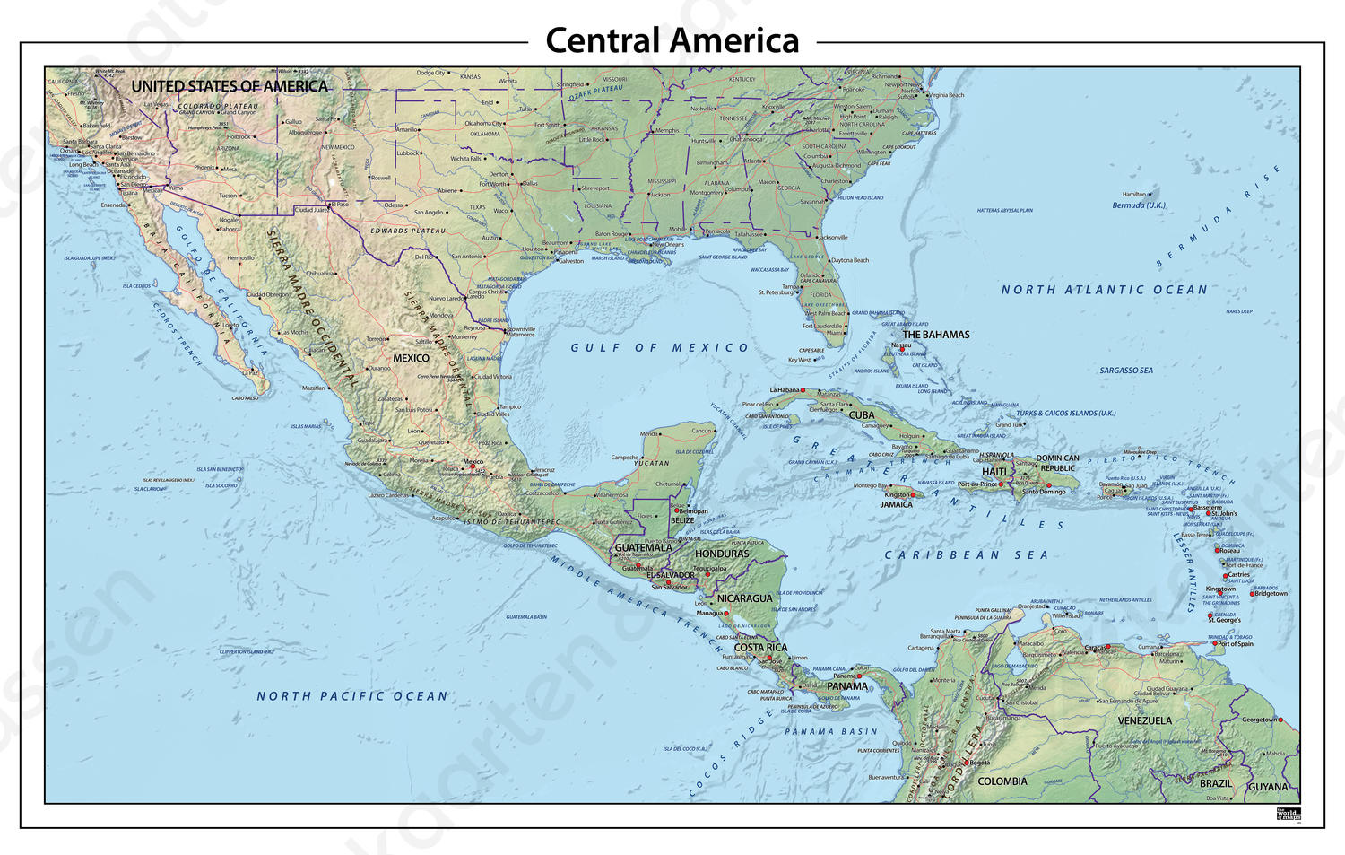 Centraal Amerika natuurkundige kaart 