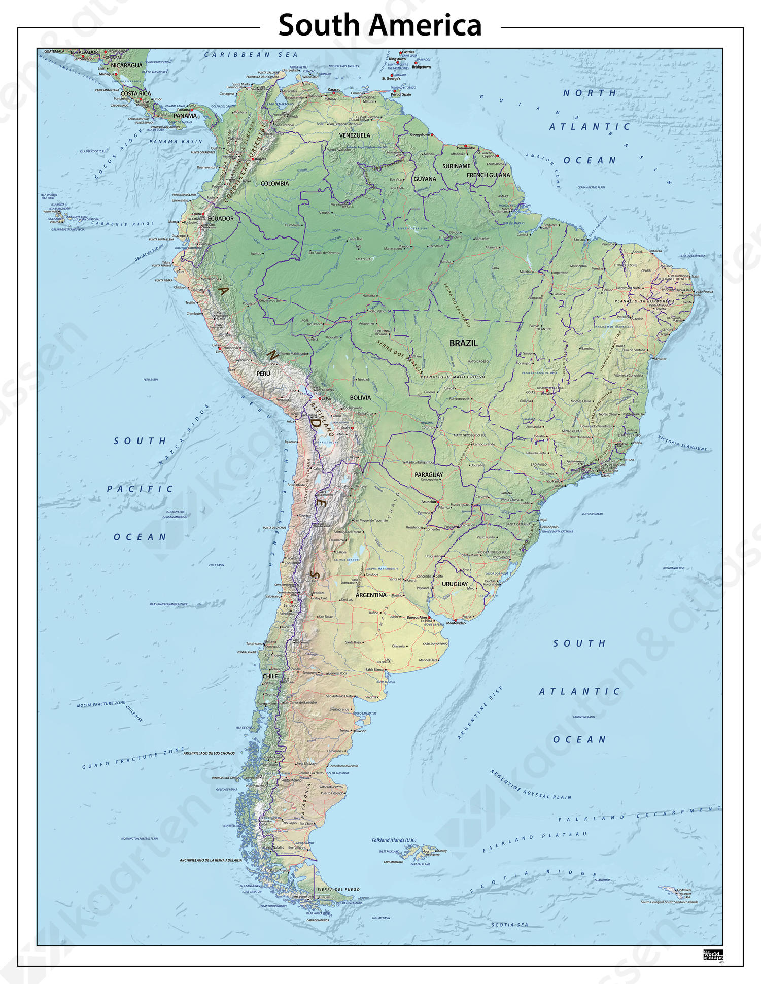 Zuid Amerika natuurkundige kaart Zuid Amerika natuurkundige kaart