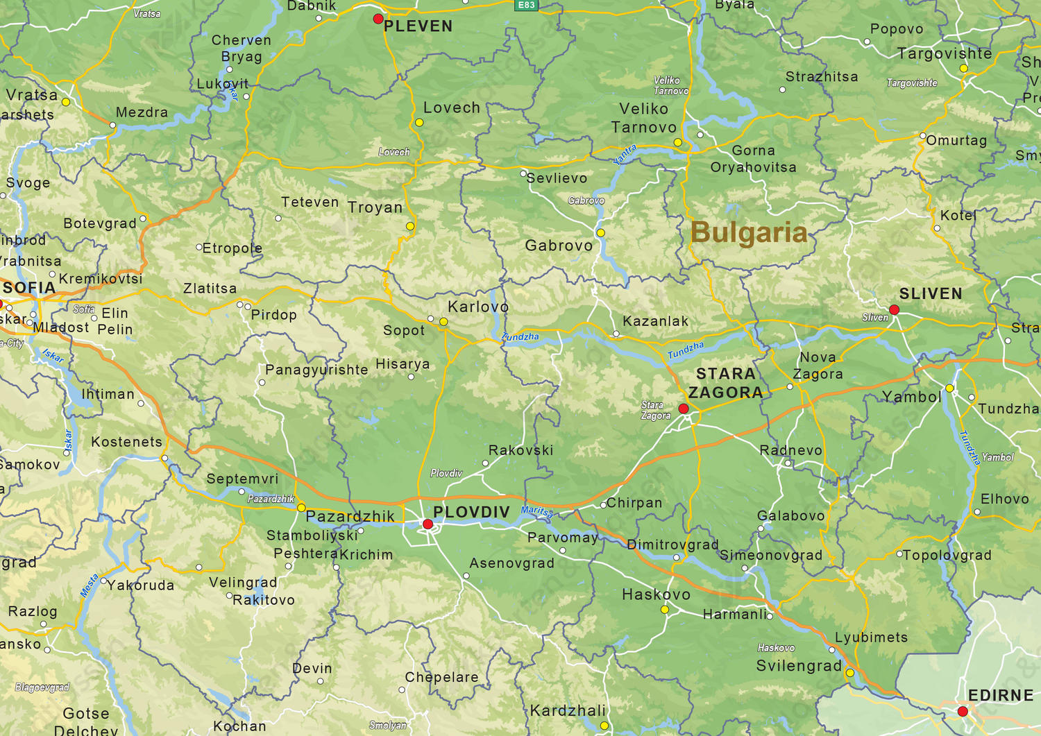 Natuurkundige landkaart Bulgarije
