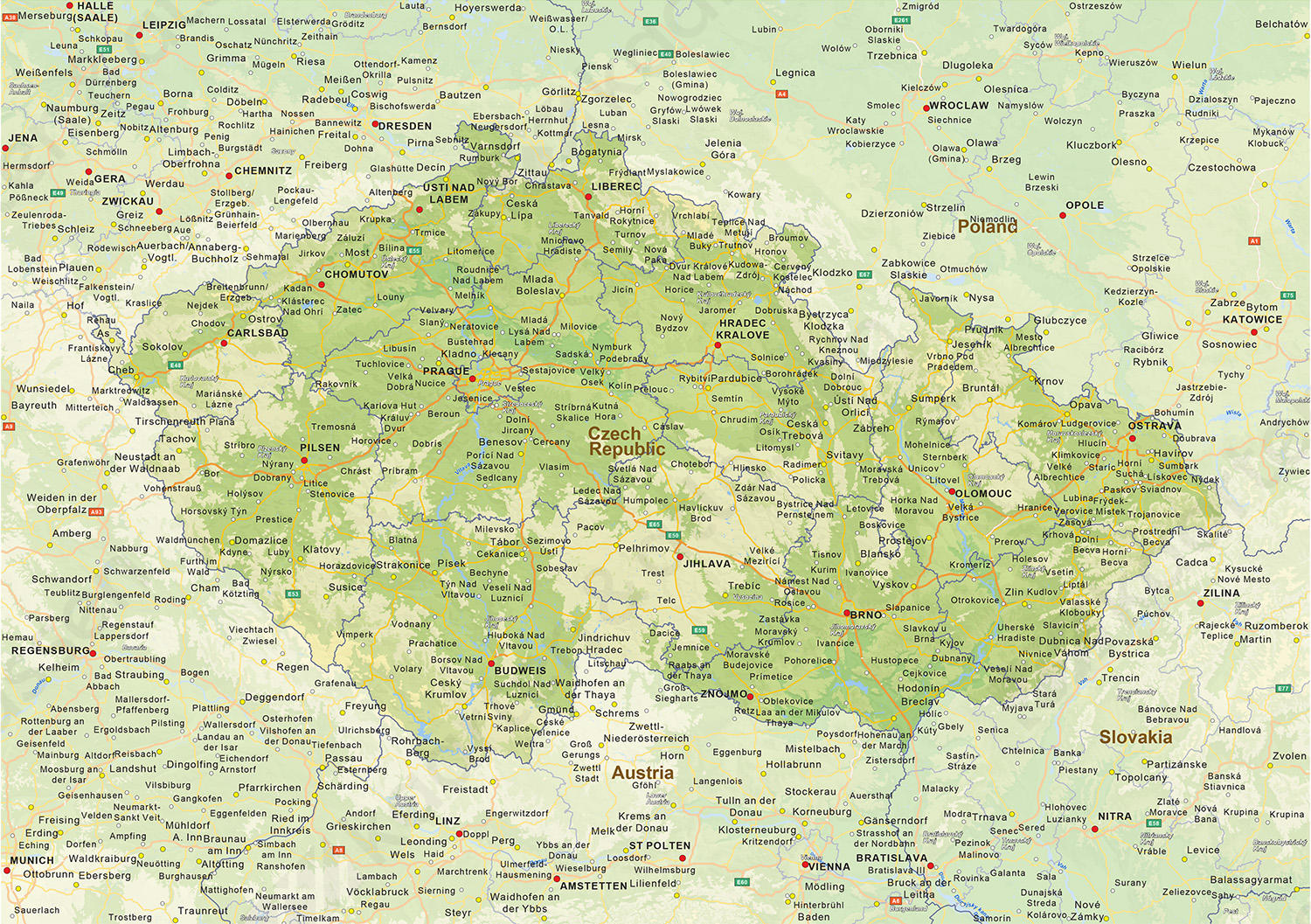 Natuurkundige landkaart Tsjechië Natuurkundige landkaart Tsjechië