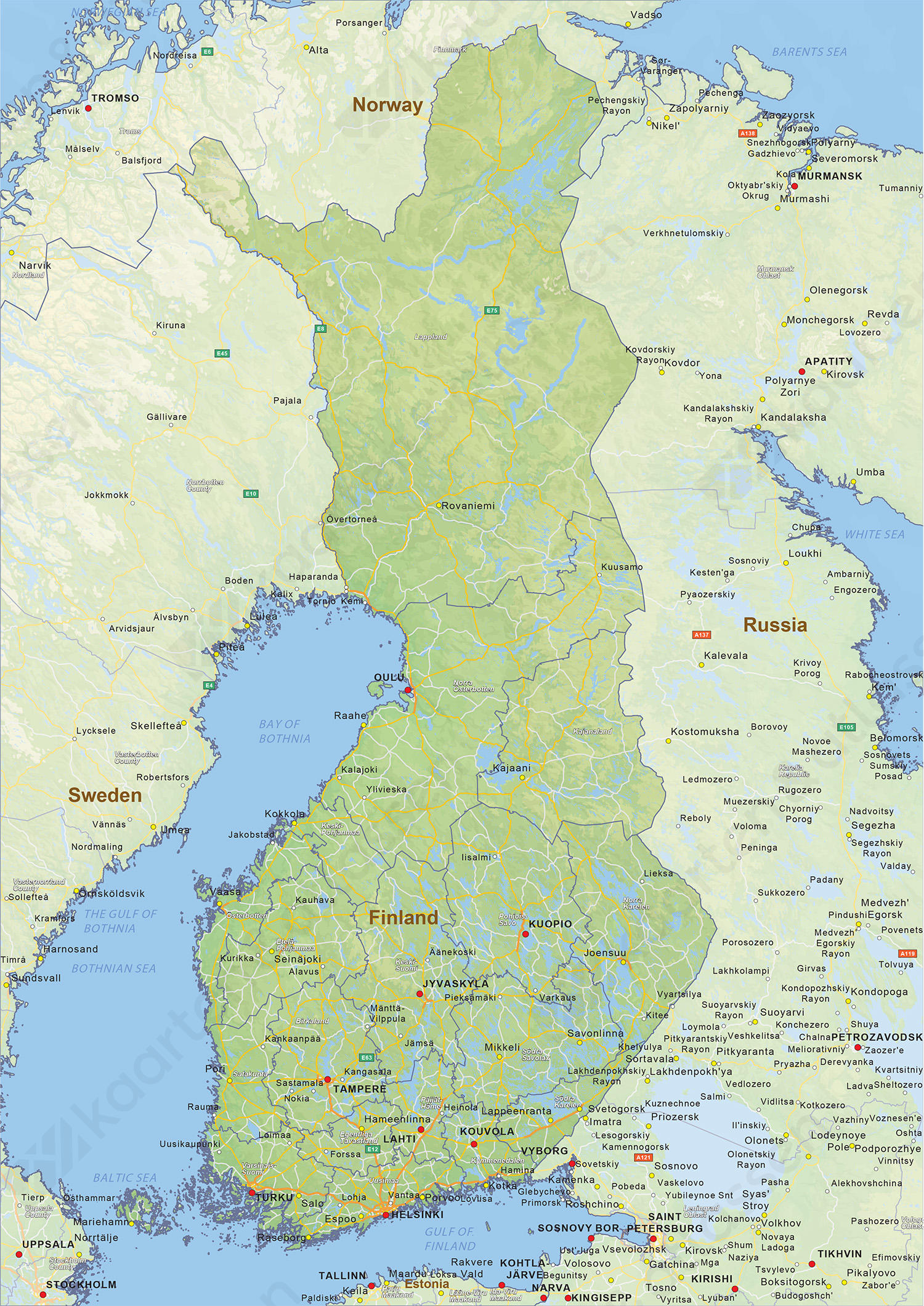 Natuurkundige landkaart Finland Natuurkundige landkaart Finland
