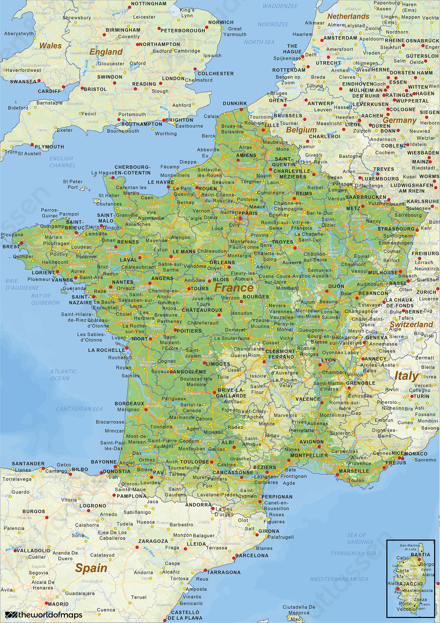 Natuurkundige landkaart Frankrijk Natuurkundige landkaart Frankrijk