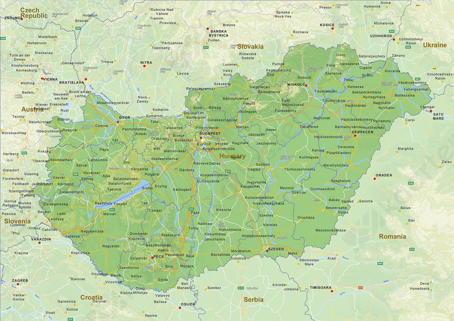 Natuurkundige landkaart Hongarije Natuurkundige landkaart Hongarije