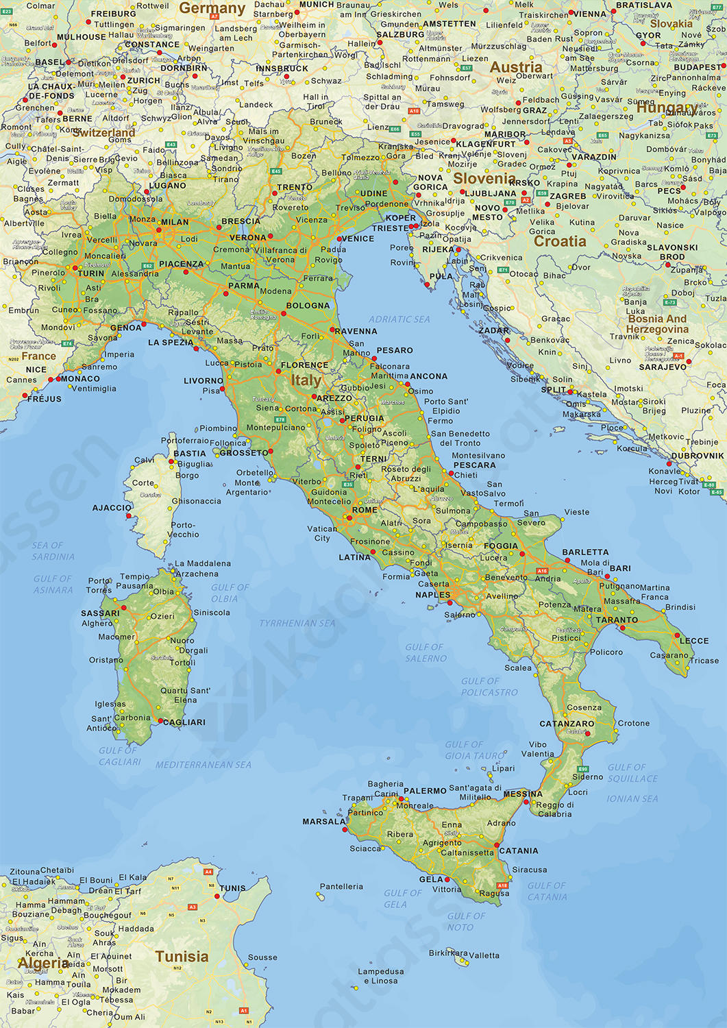 Natuurkundige landkaart Italië Natuurkundige landkaart Italië