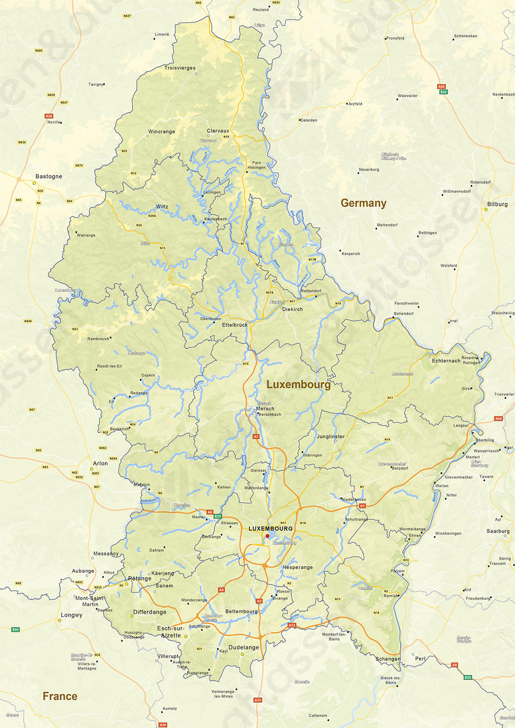 Natuurkundige landkaart Luxemburg Natuurkundige landkaart Luxemburg