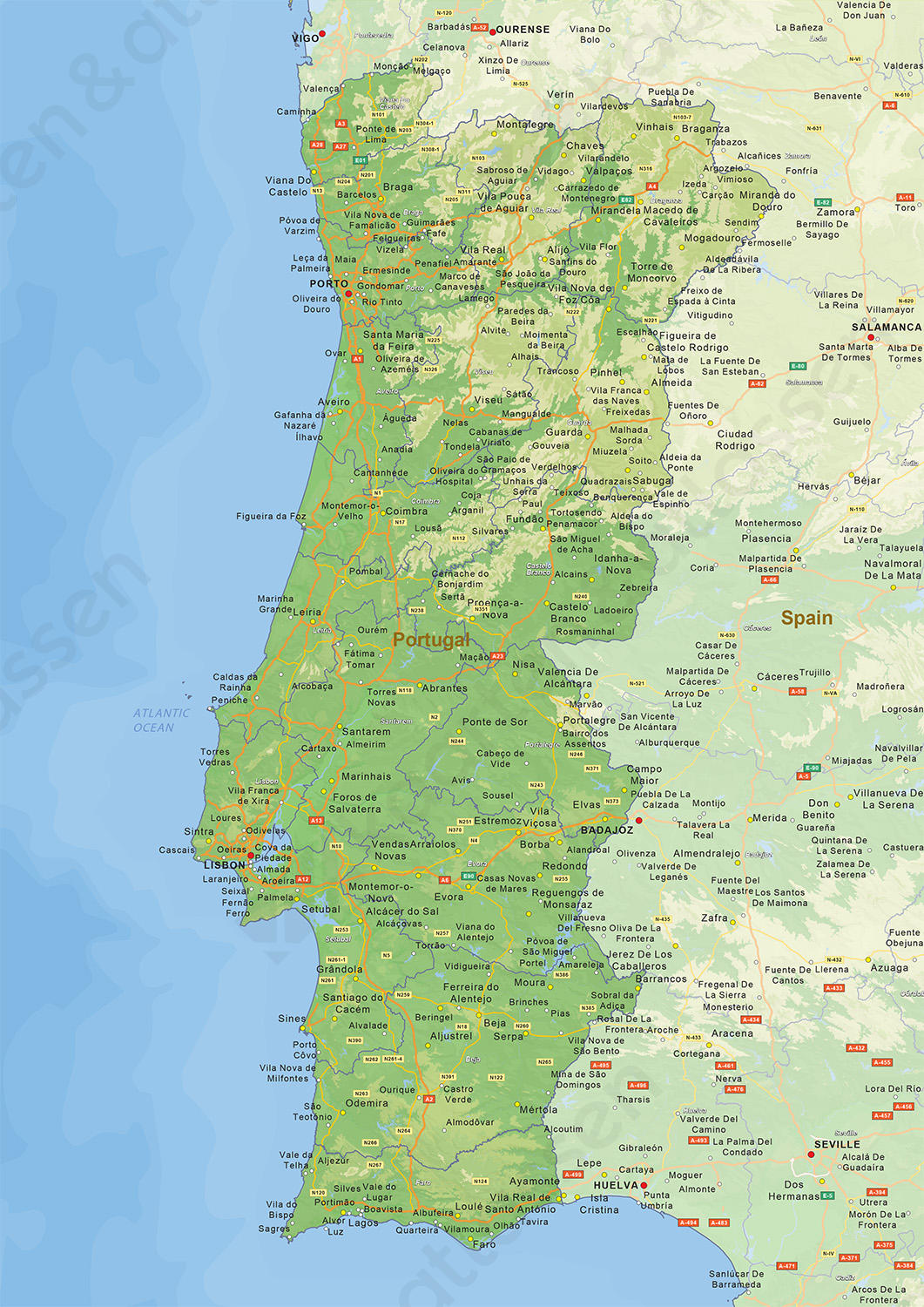 Natuurkundige landkaart Portugal Natuurkundige landkaart Portugal