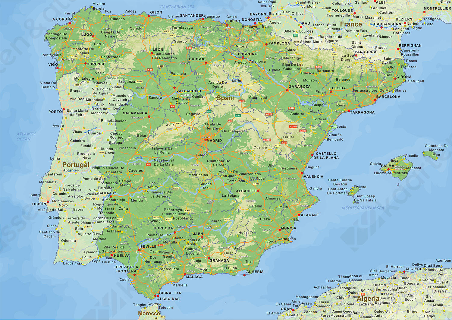 Natuurkundige landkaart Spanje Natuurkundige landkaart Spanje