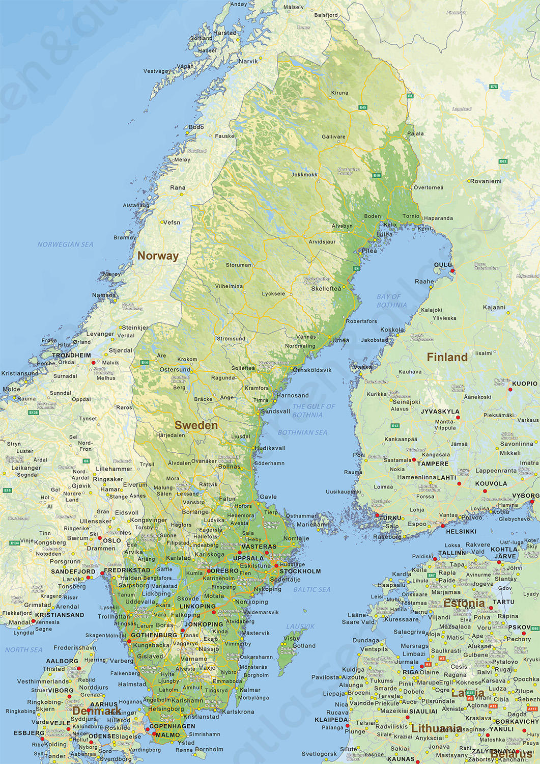 Natuurkundige landkaart Zweden Natuurkundige landkaart Zweden