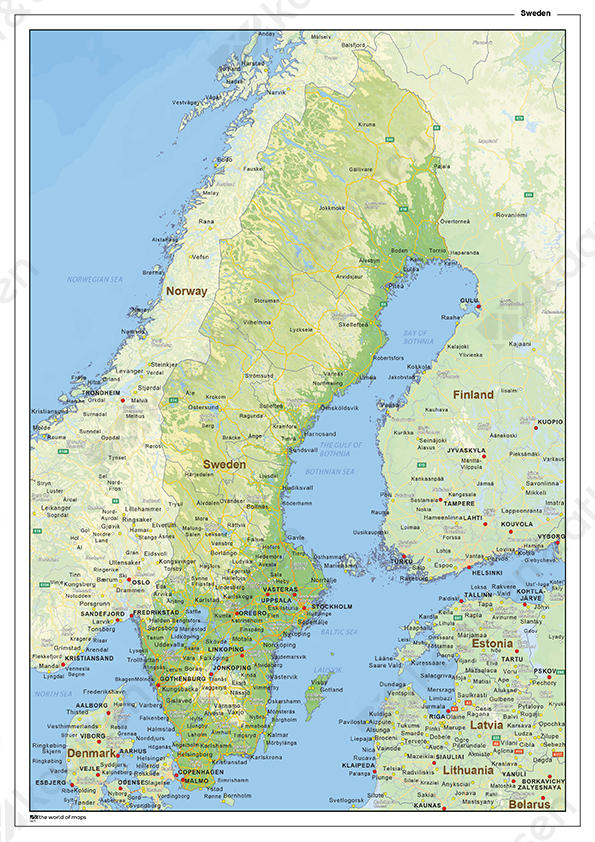 Natuurkundige landkaart Zweden Natuurkundige landkaart Zweden