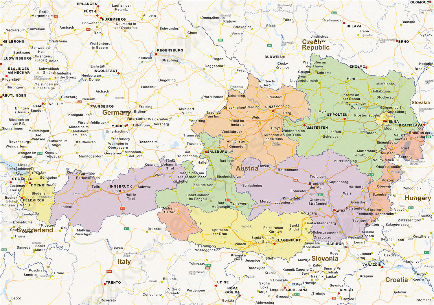 Staatkundige landkaart Oostenrijk Staatkundige landkaart Oostenrijk