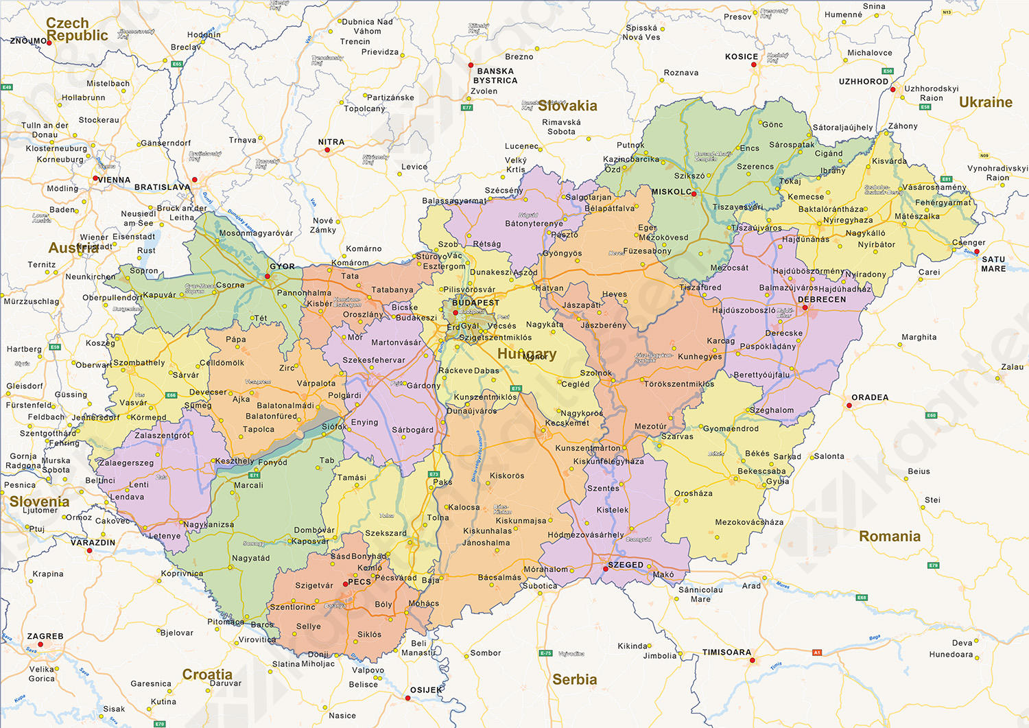 Staatkundige landkaart Hongarije 