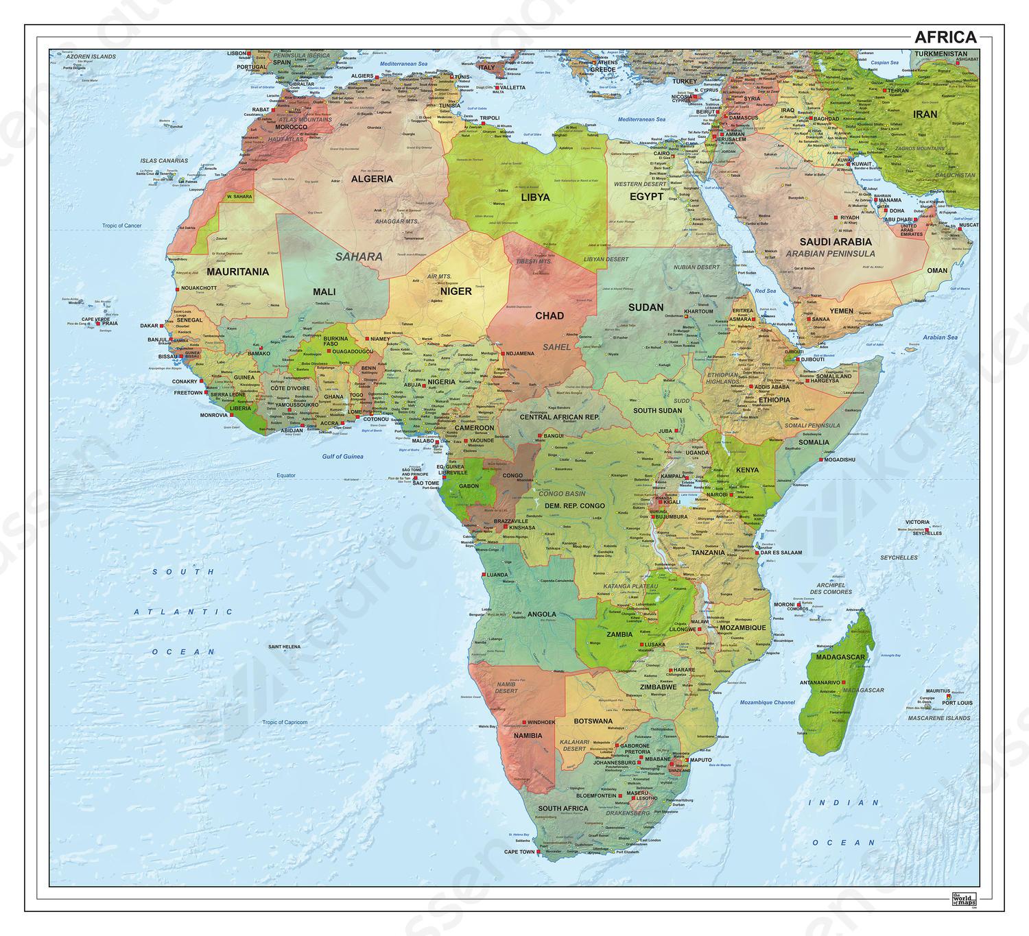 Digitale Afrika staatkundig met reliëf 1294