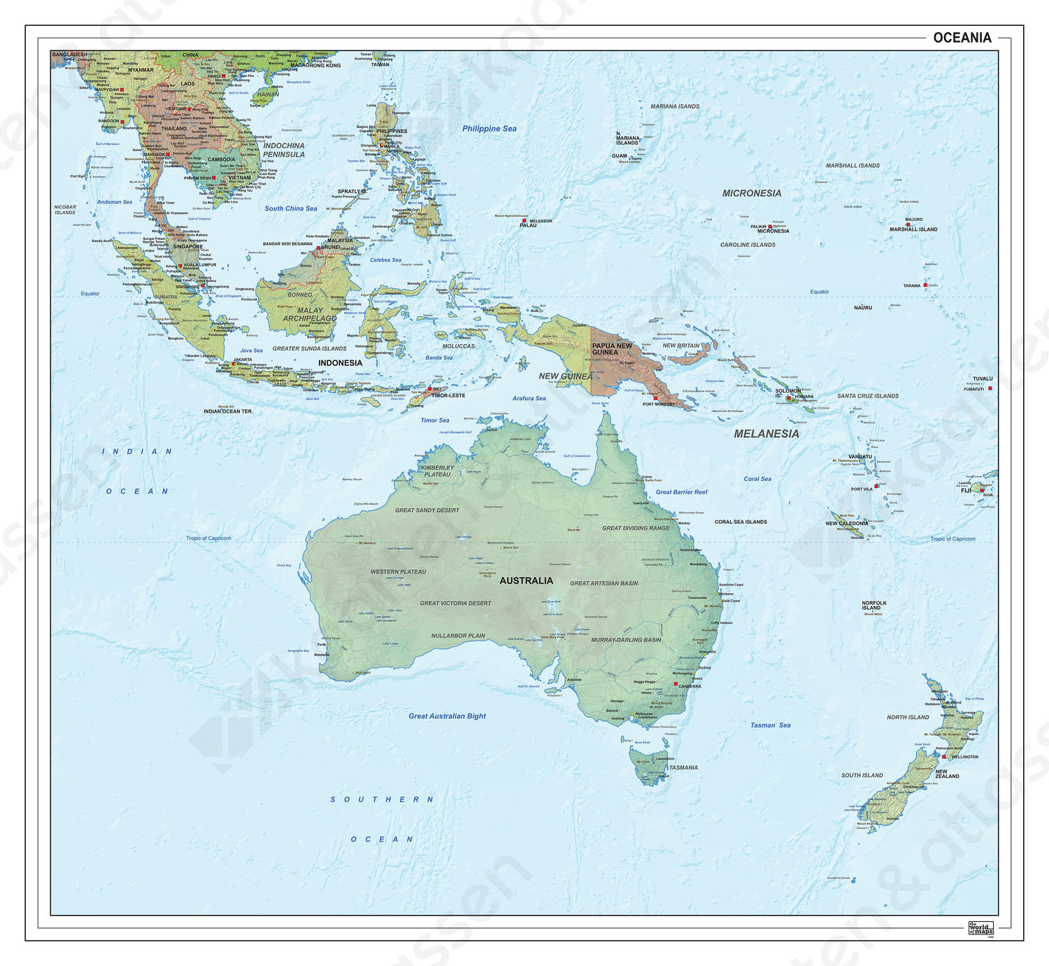 Digitale Oceanië staatkundig met reliëf 1296