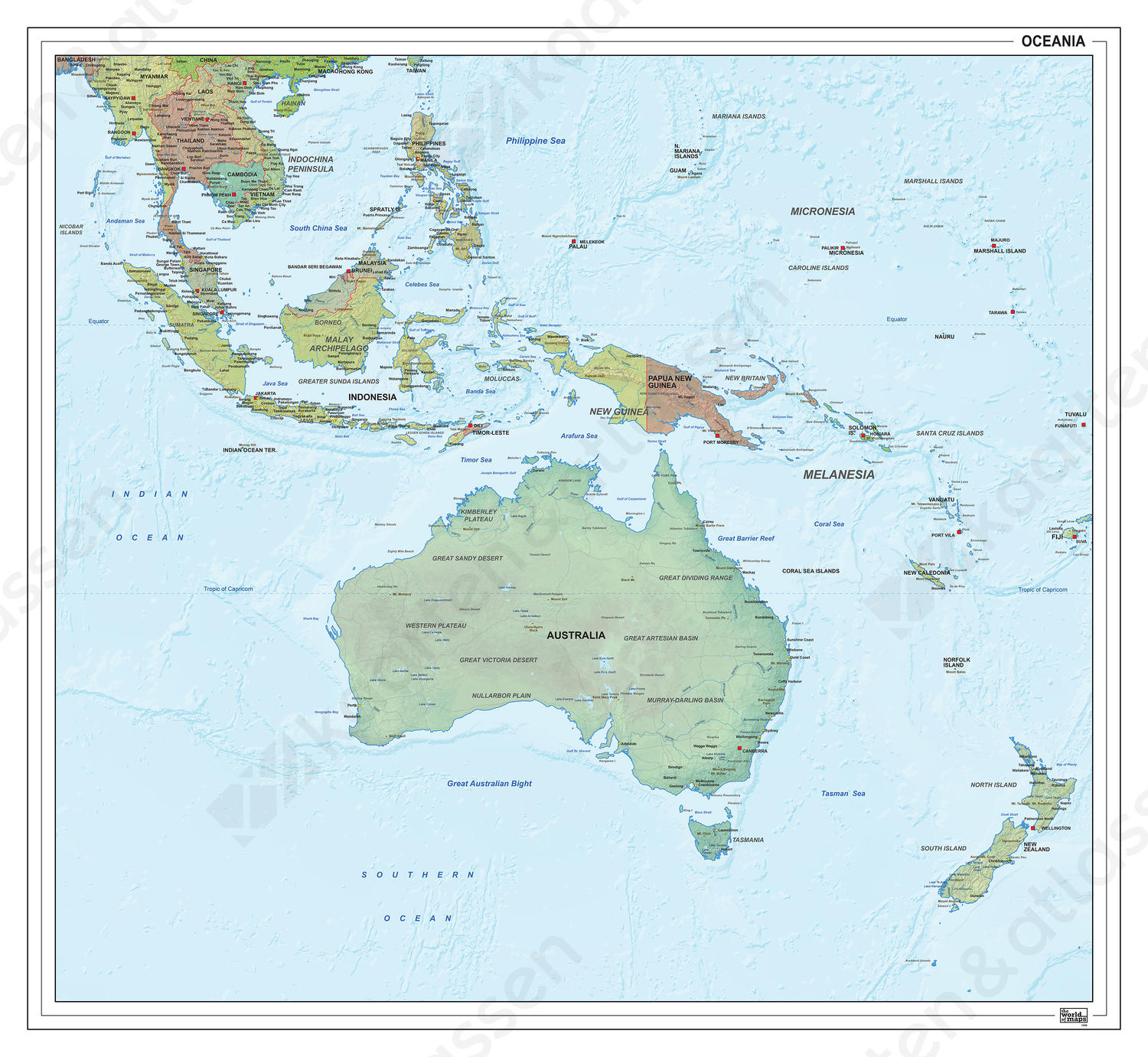 Oceanië staatkundig met reliëf 1296