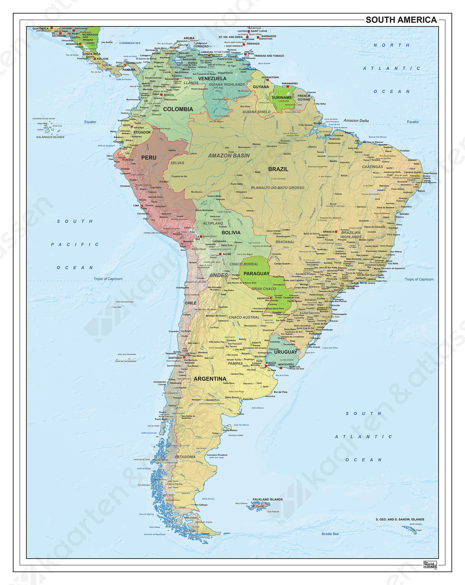 Zuid-Amerika staatkundig met reliëf