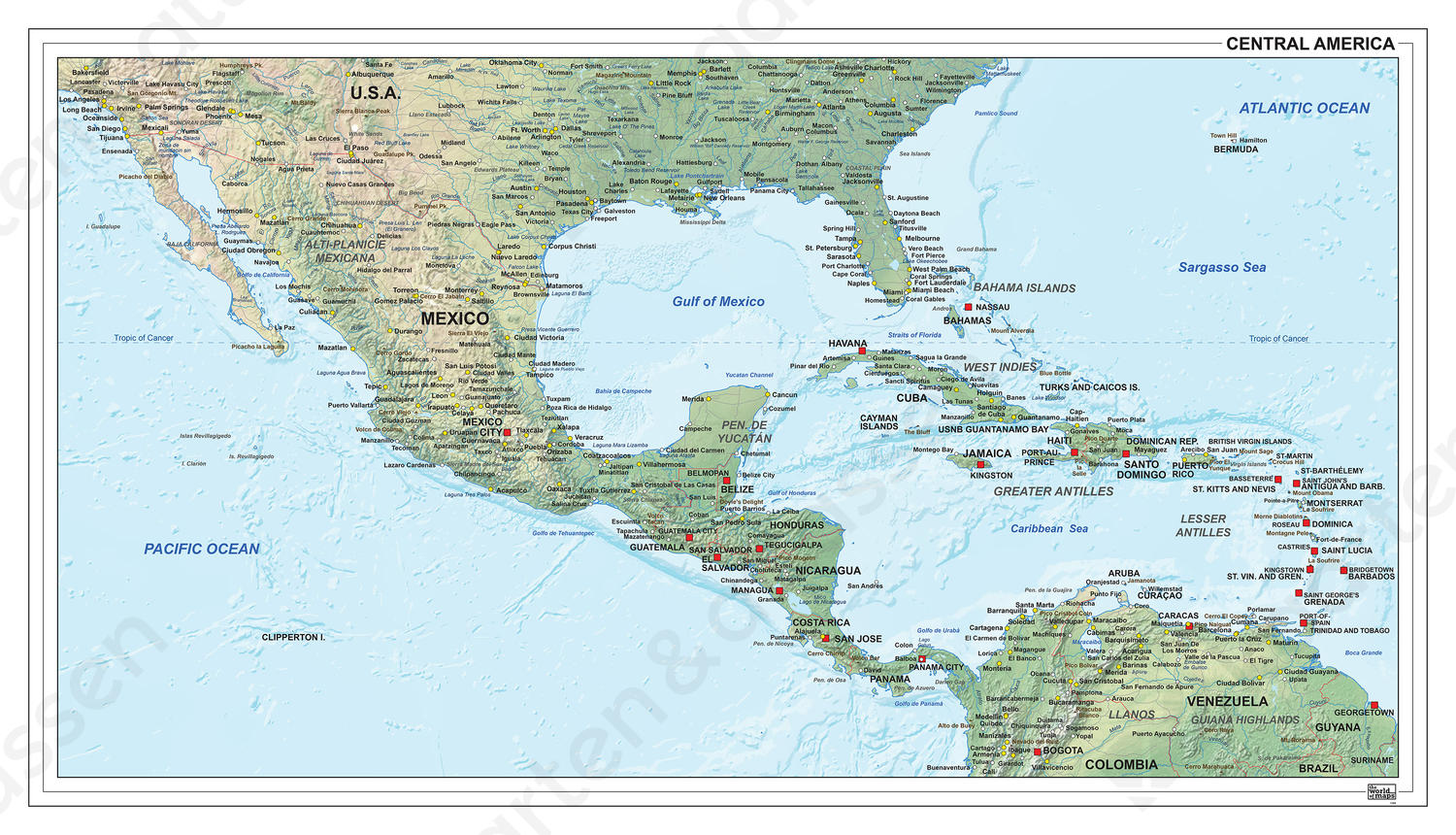 Digitale kaart Midden-Amerika natuurkundig 1308 