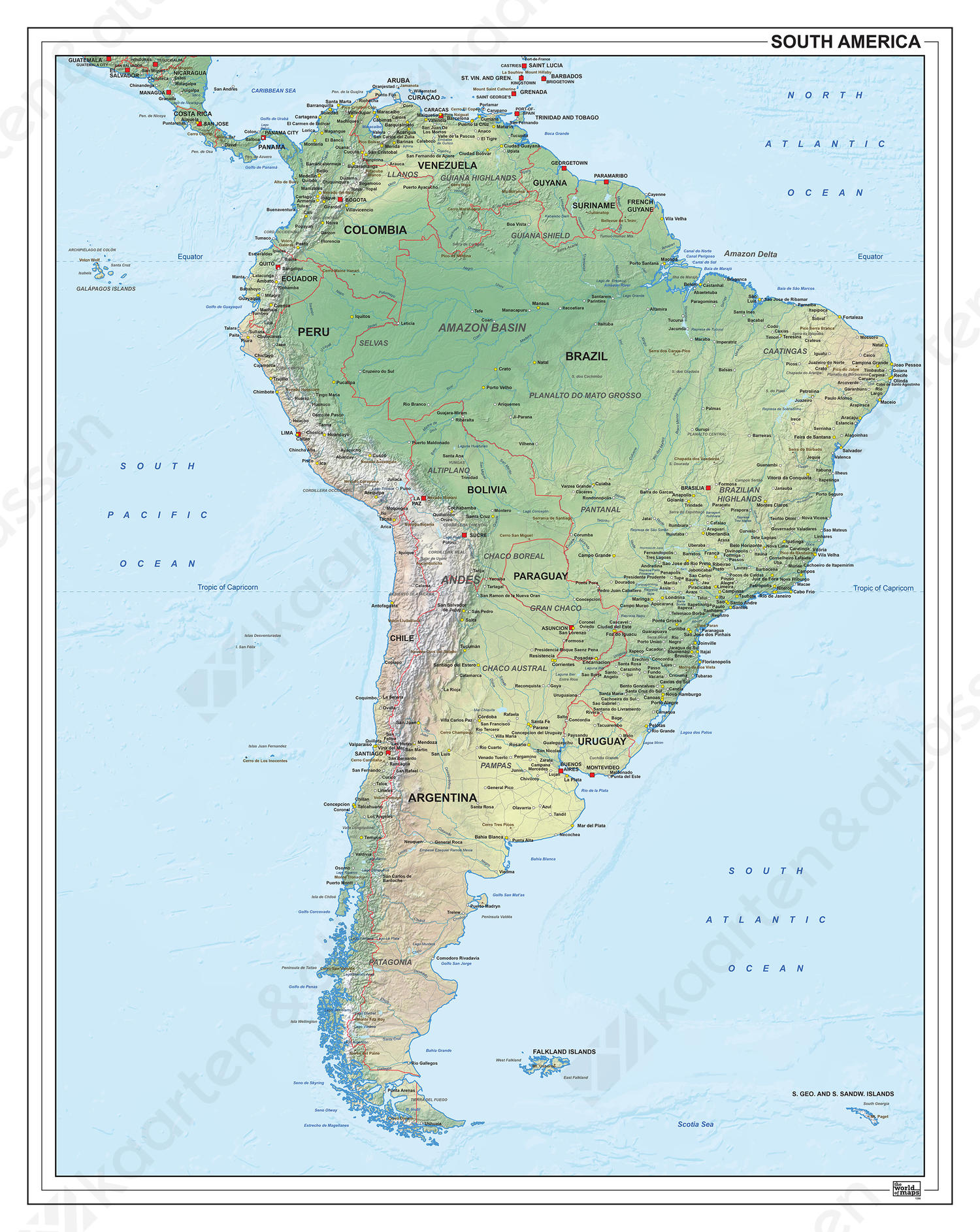 Zuid-Amerika kaart natuurkundig 1286