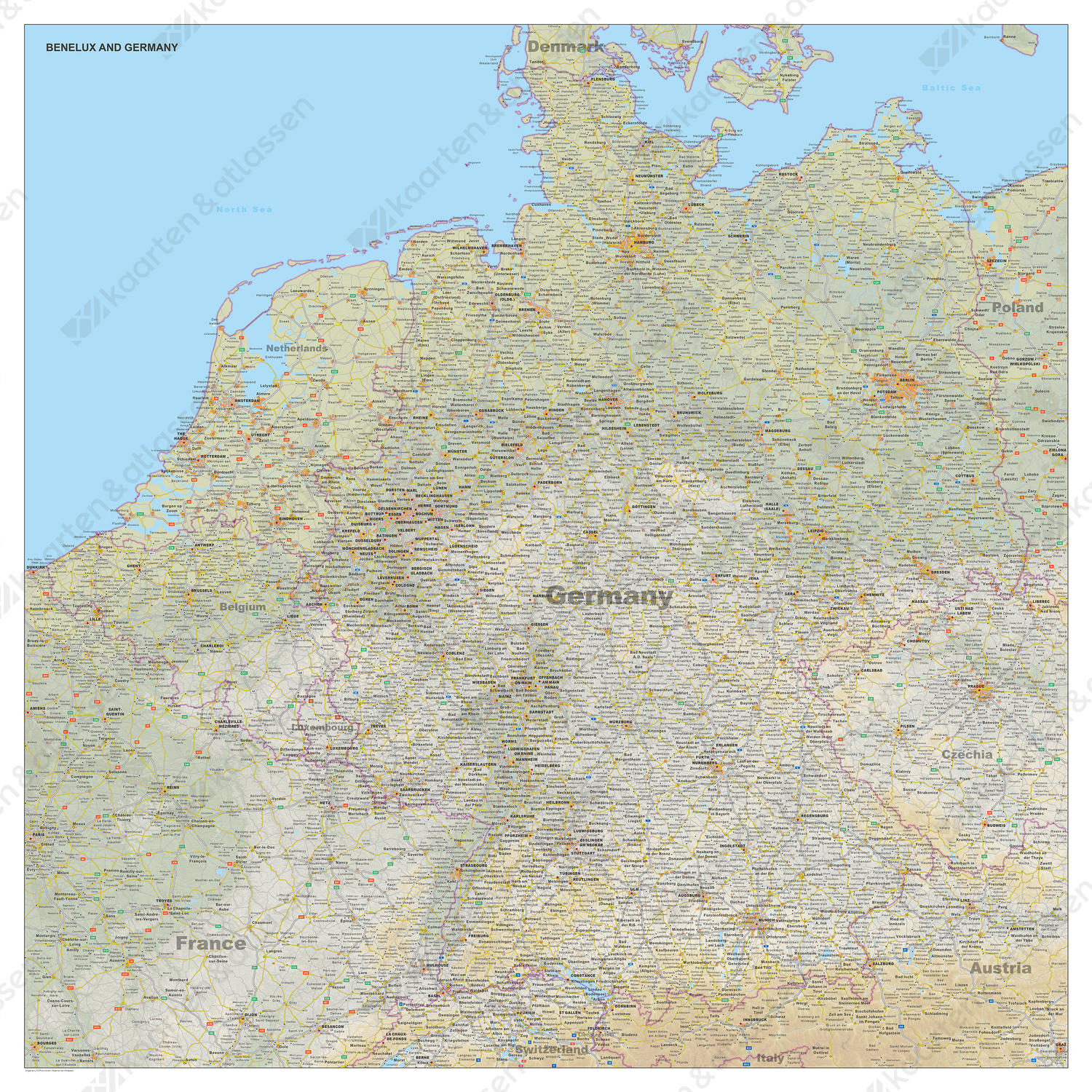 Kaart Benelux + Duitsland natuurkundig Kaart Benelux + Duitsland natuurkundig