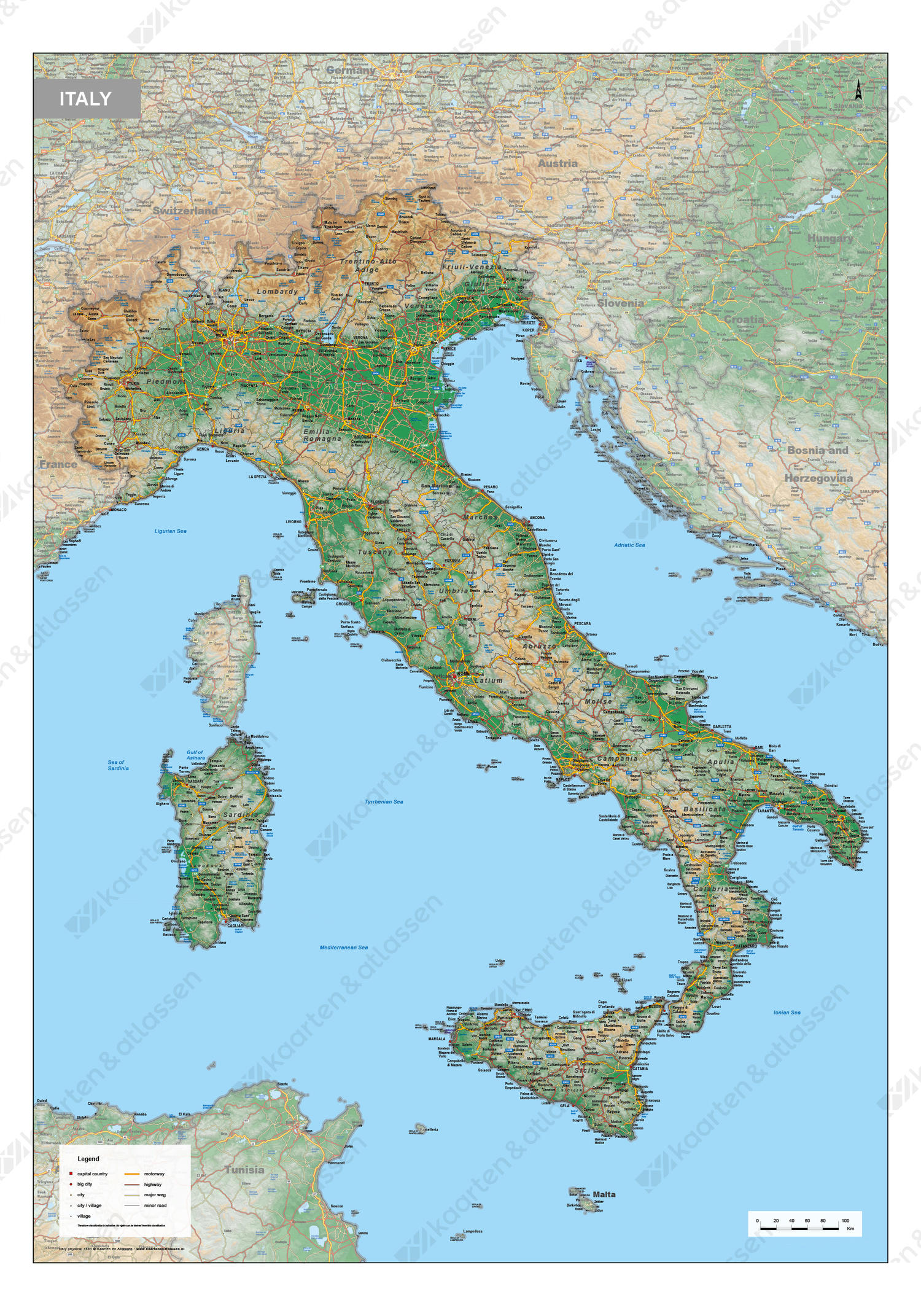 Italië Kaart Natuurkundig