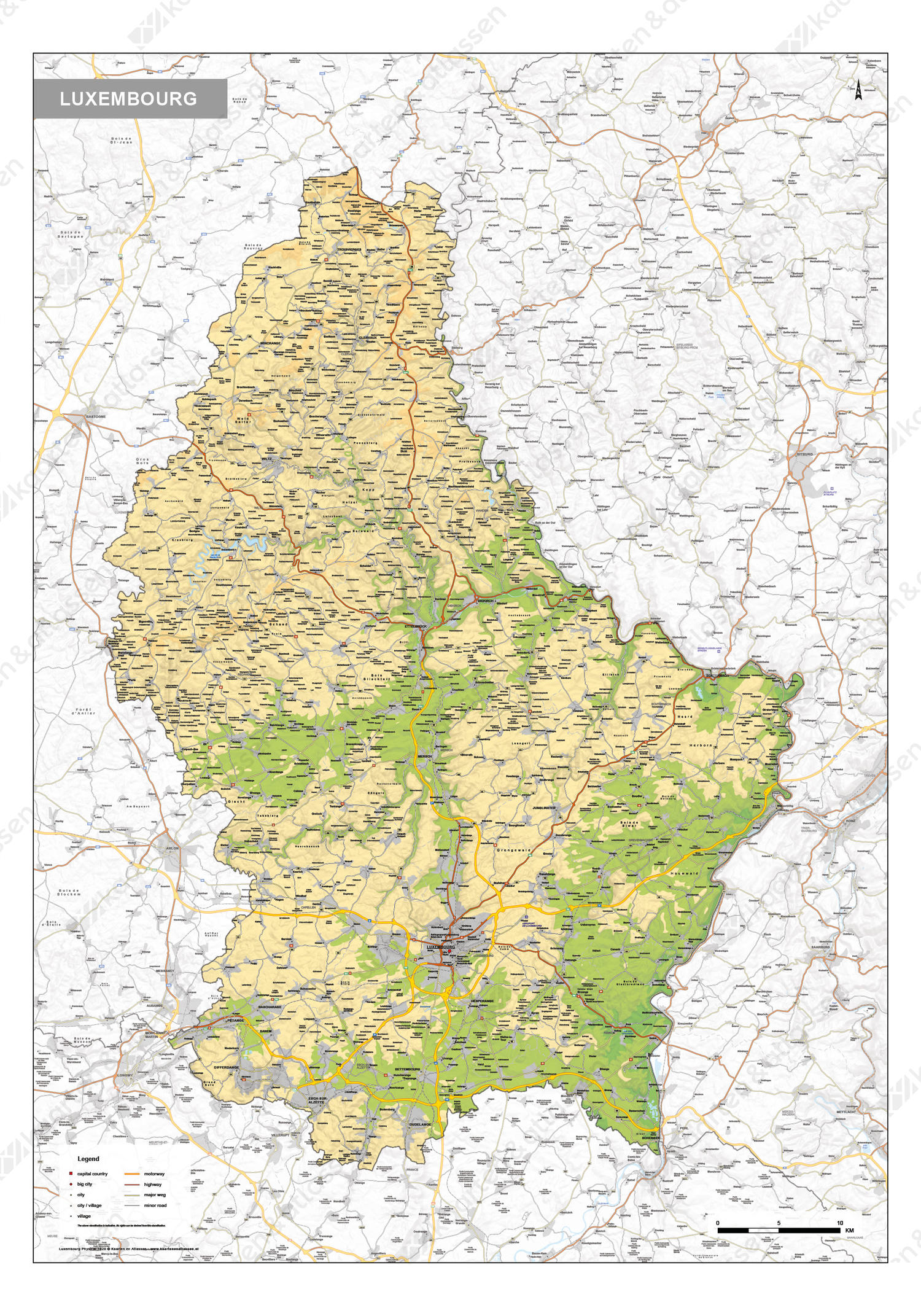 Natuurkundige kaart Luxemburg Natuurkundige kaart Luxemburg