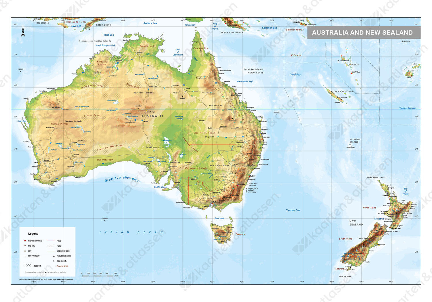 Australië en Nieuw-Zeeland kaart Natuurkundig