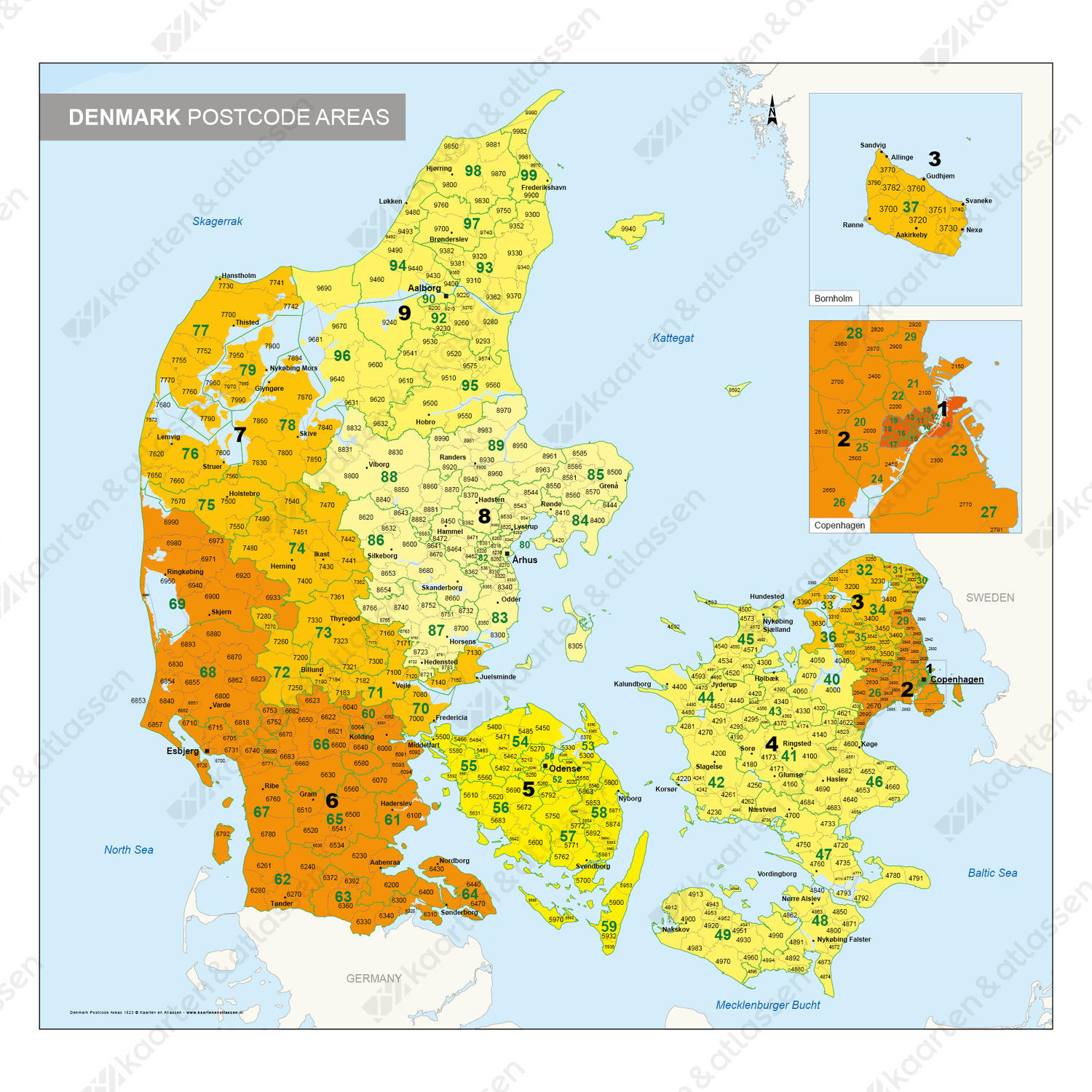 1-, 2- en 4-cijferige Postcodekaart Denemarken