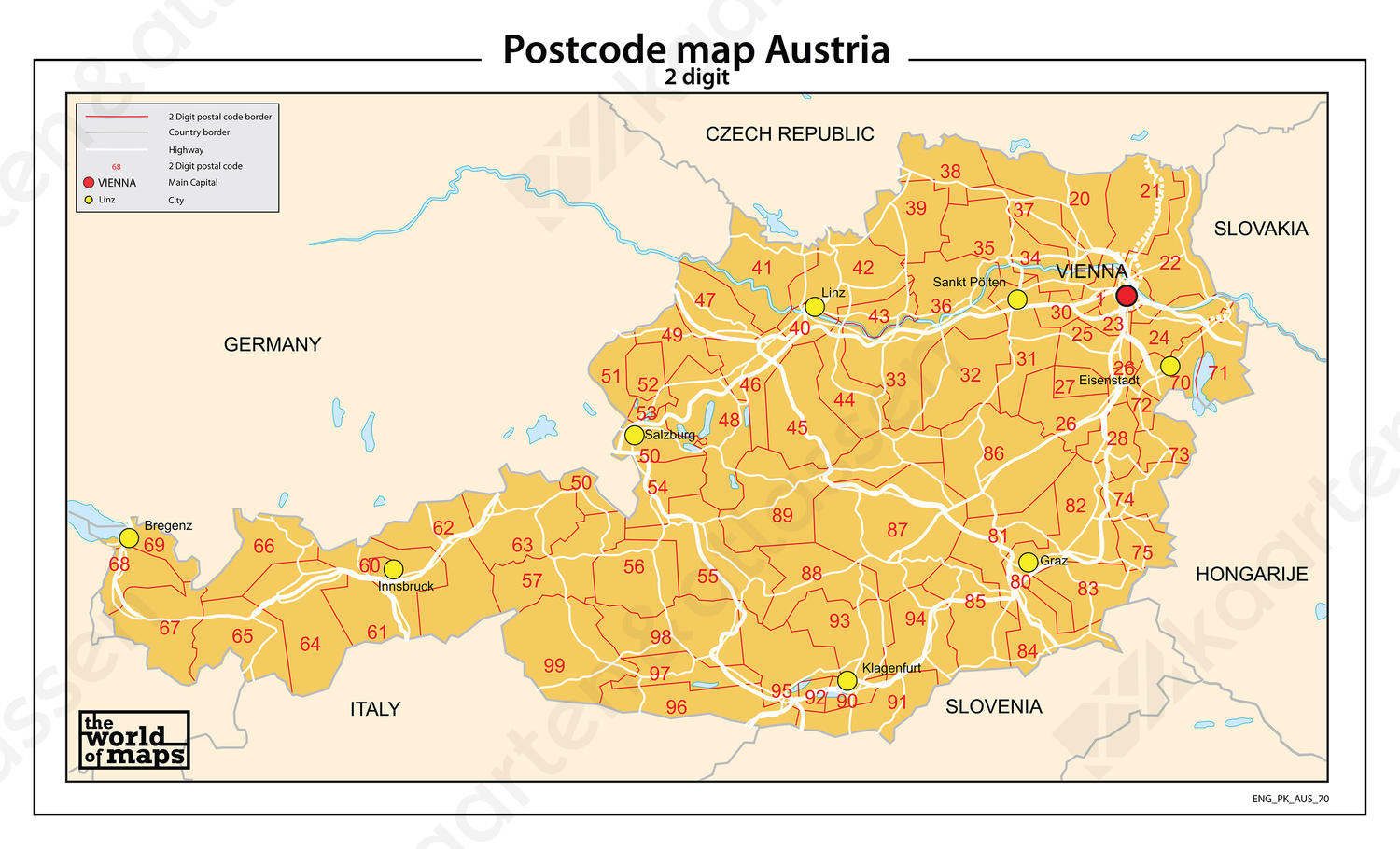 Digitale postcodekaart Oostenrijk 2-cijferig 70