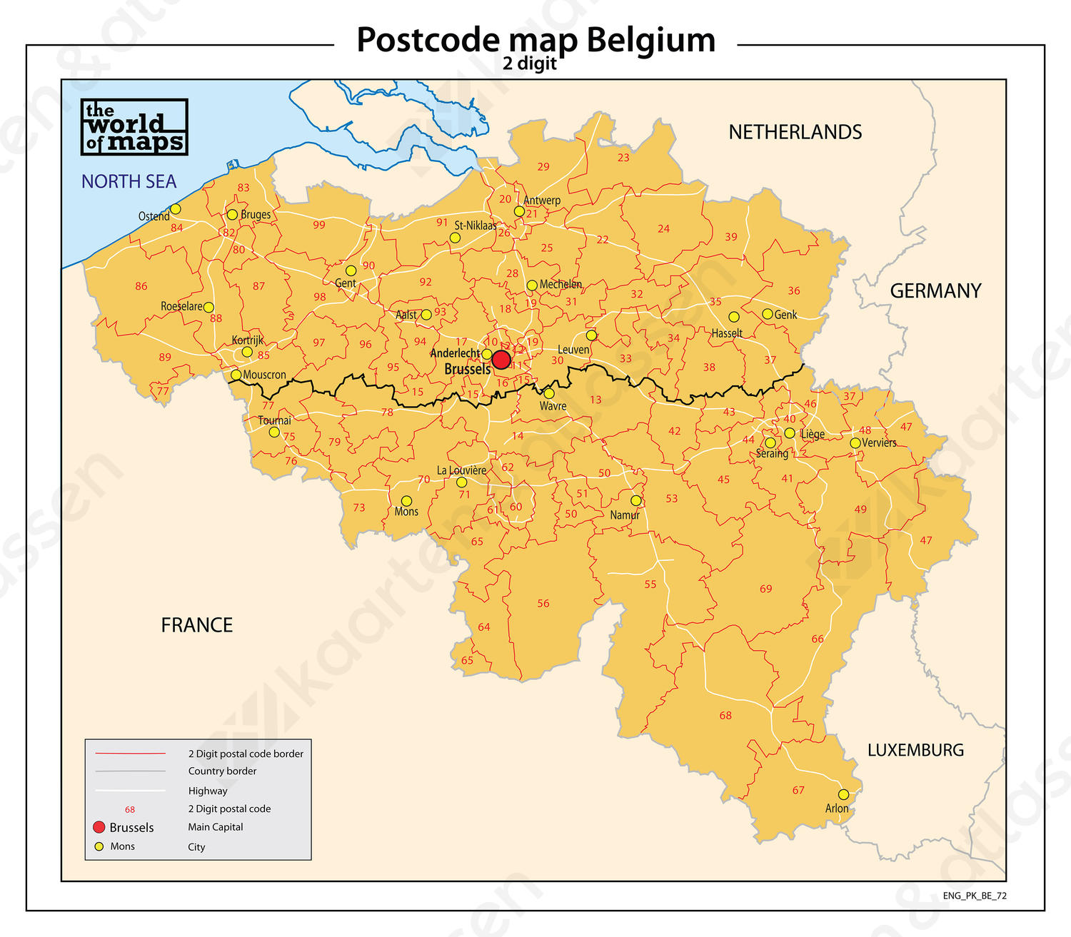 Digitale postcodekaart België 2-cijferig 72
