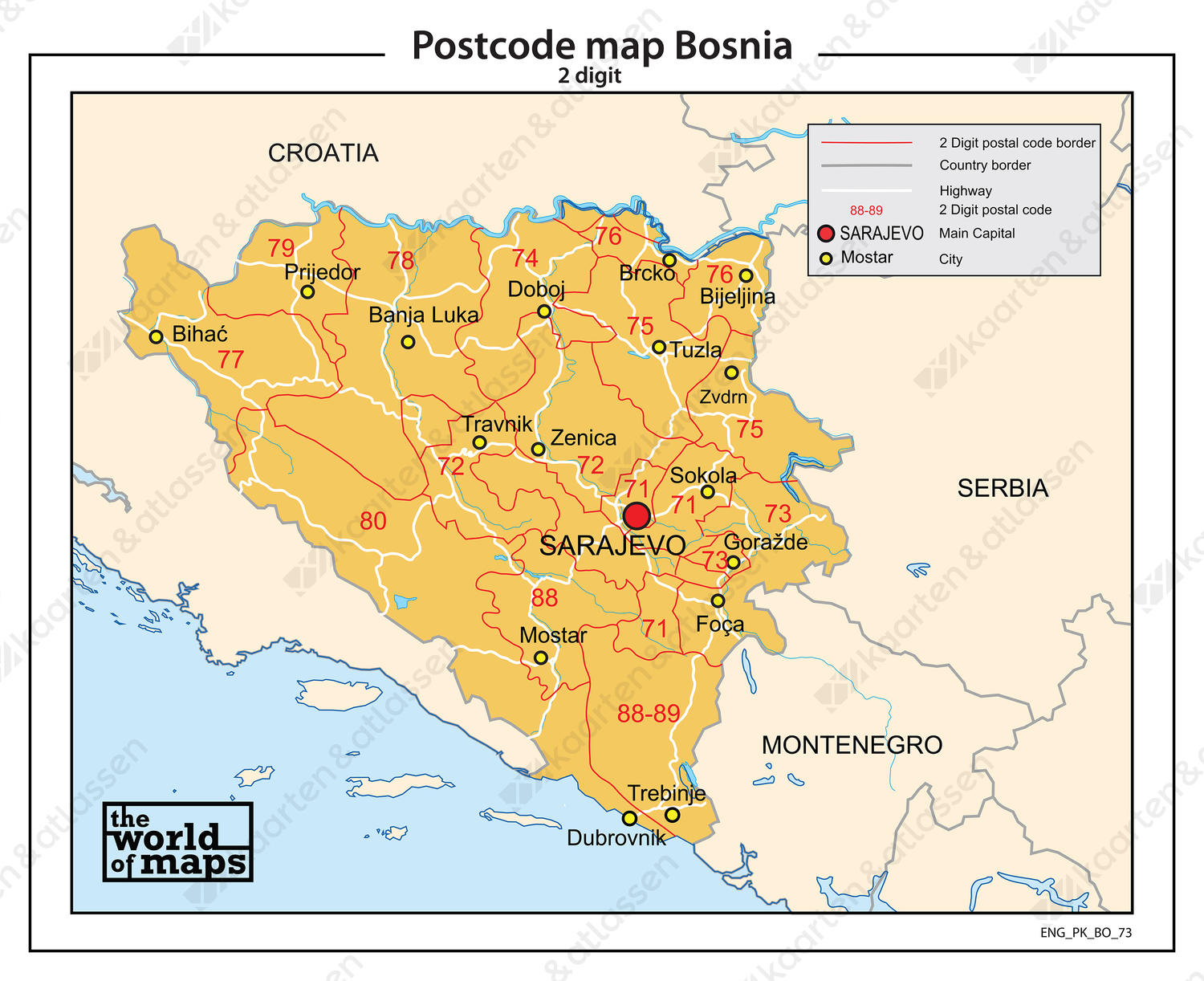 Bosnië 2-cijferige postcodekaart 73 Bosnië 2-cijferige postcodekaart 73