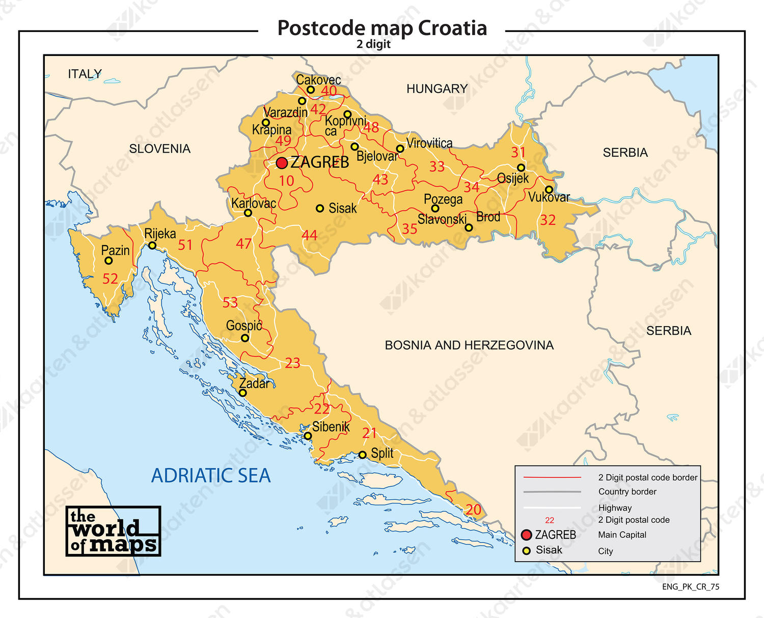 Kroatië 2-cijferige postcodekaart 75