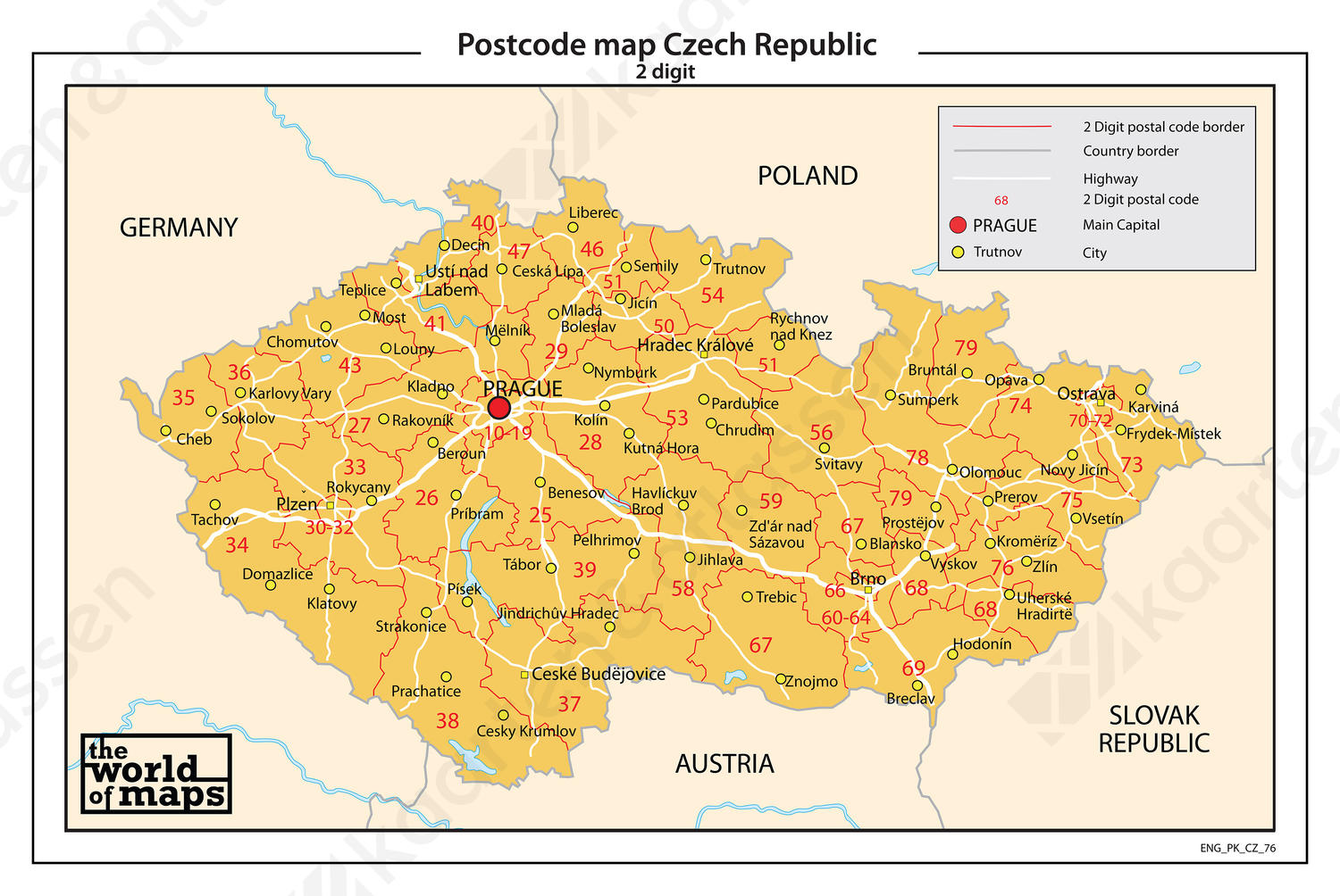 Tsjechië 2-cijferige postcodekaart 76 Tsjechië 2-cijferige postcodekaart 76