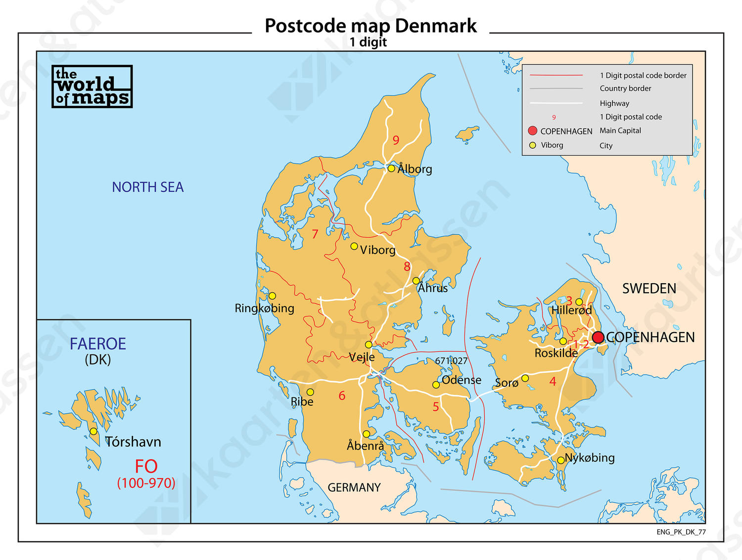 Denemarken 1-cijferige postcodekaart 77 | Kaarten en ...