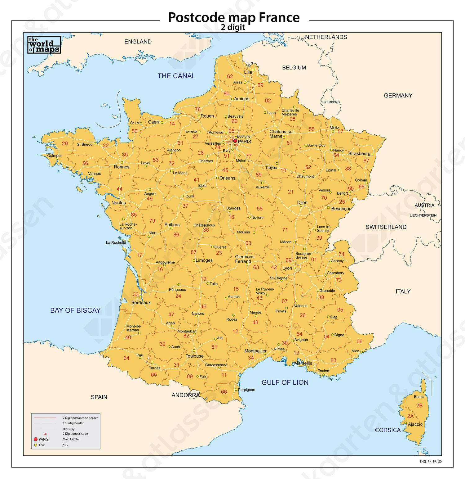 Frankrijk 2-cijferige postcodekaart 80