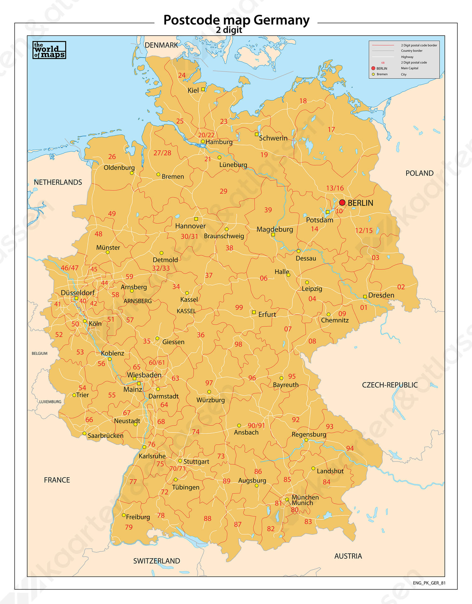 Duitsland 2-cijferige postcodekaart 81 Duitsland 2-cijferige postcodekaart 81