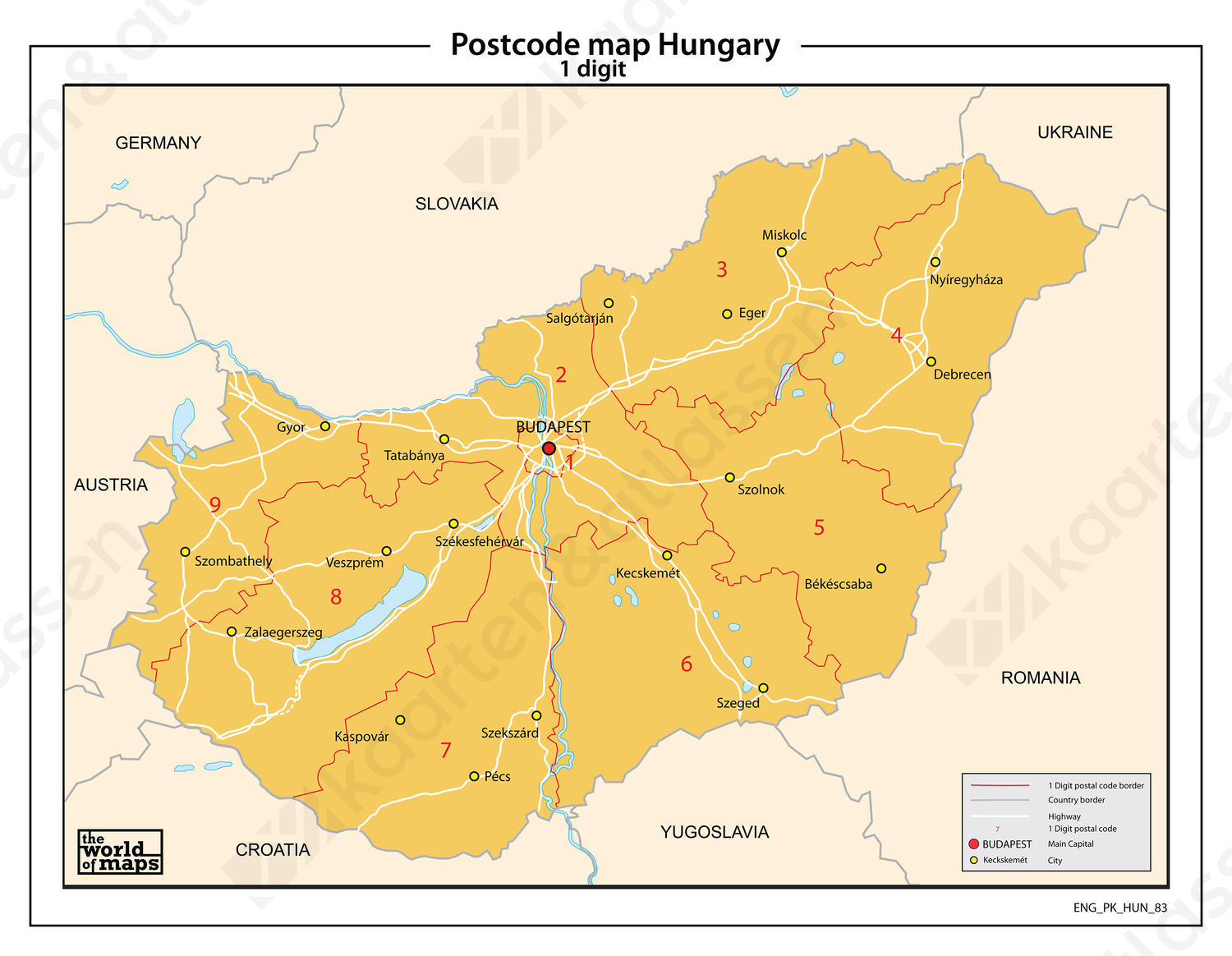 Hongarije 1-cijferige postcodekaart 83