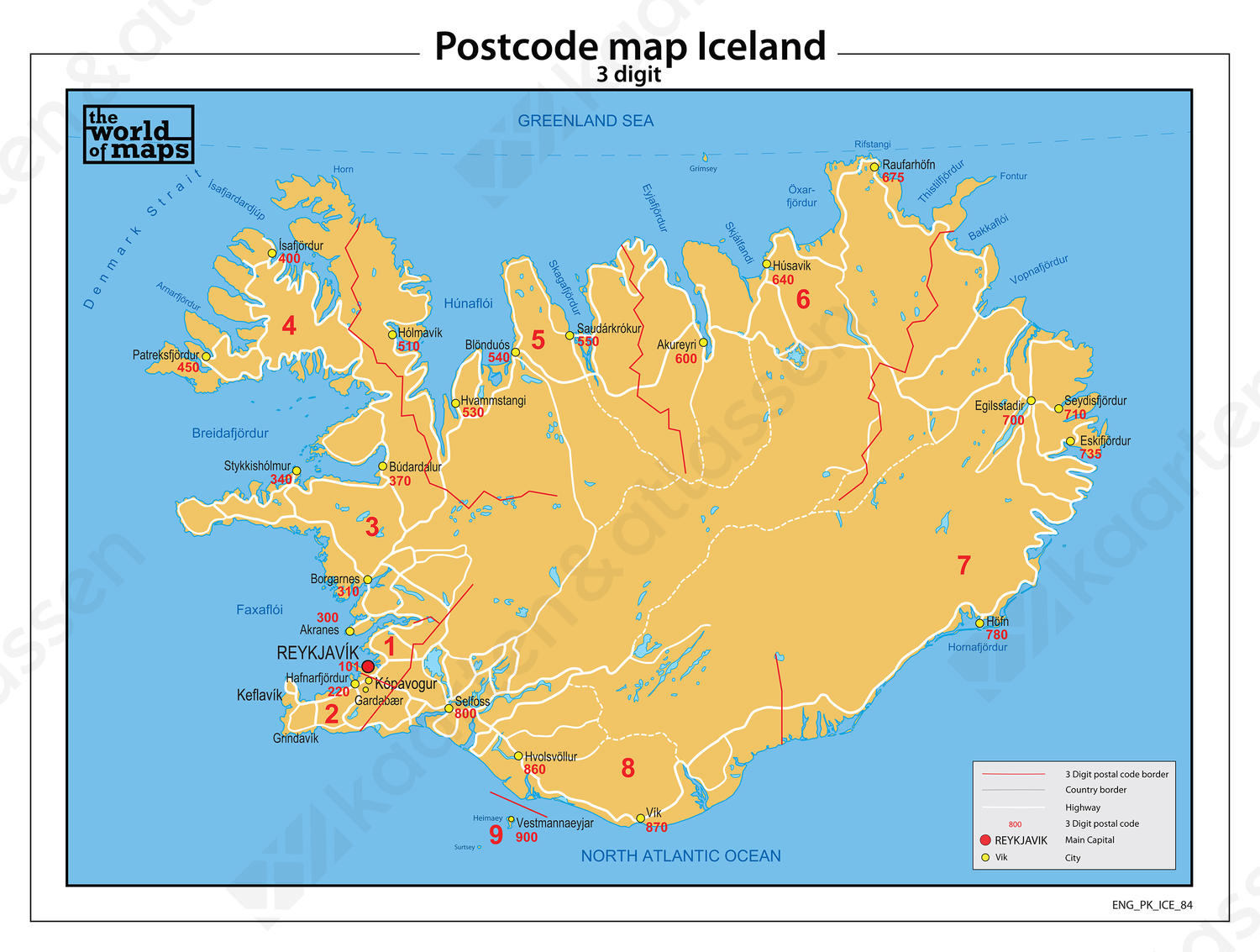 IJsland 3-cijferige postcodekaart 84