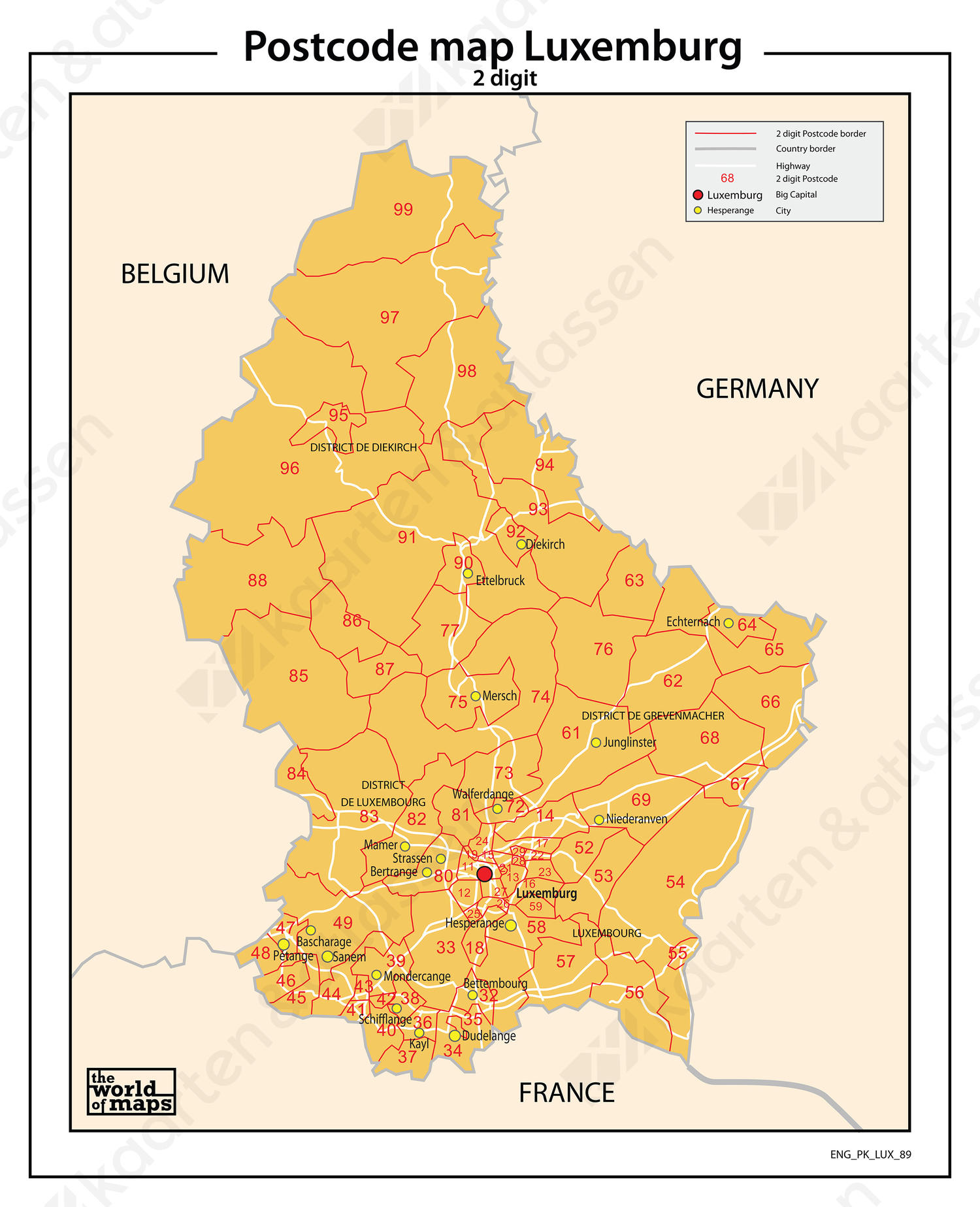 Luxemburg 2-cijferige postcodekaart 89 Digitale postcodekaart Luxemburg 2-cijferig