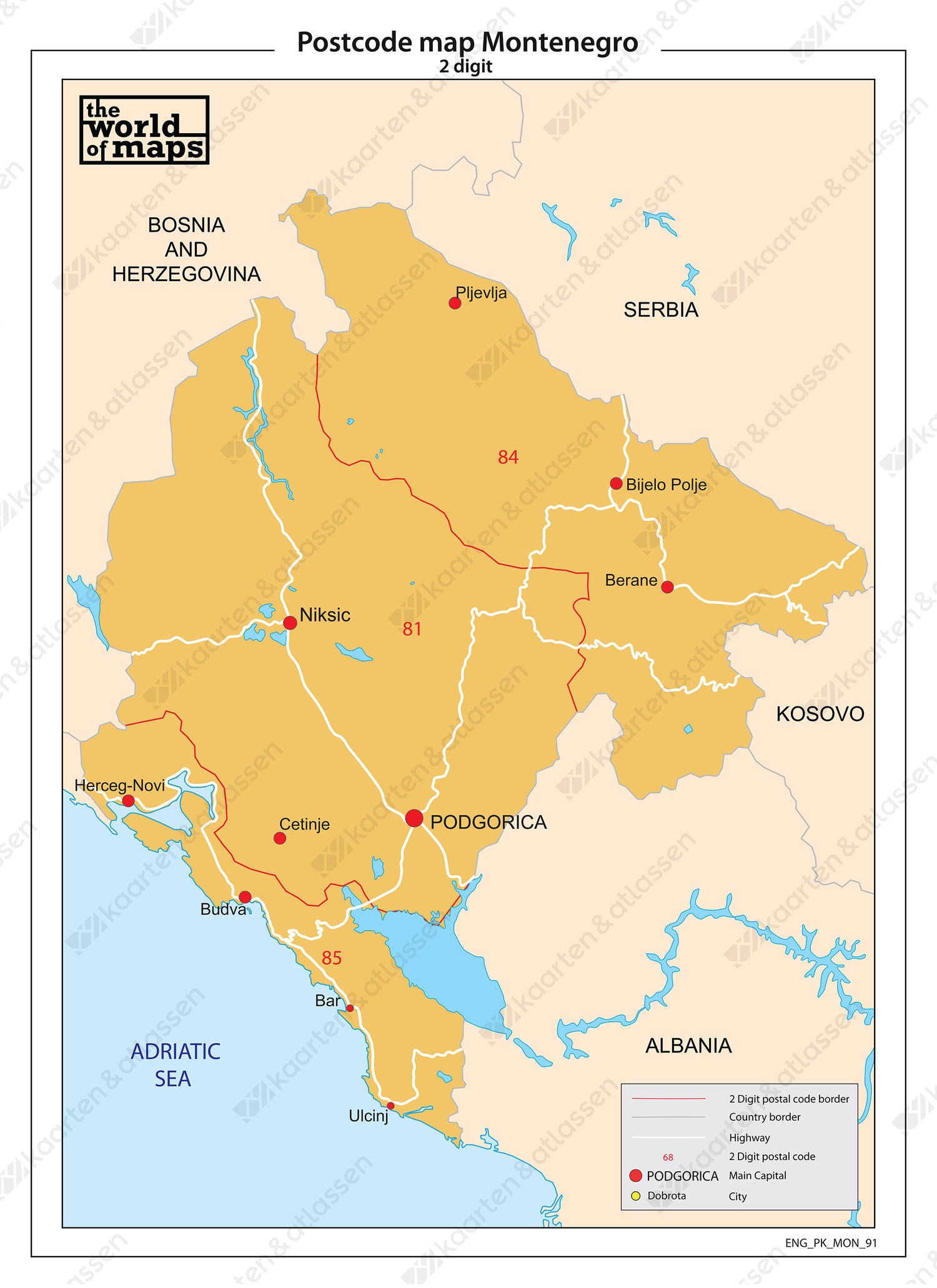 Montenegro 2-cijferige postcodekaart 91