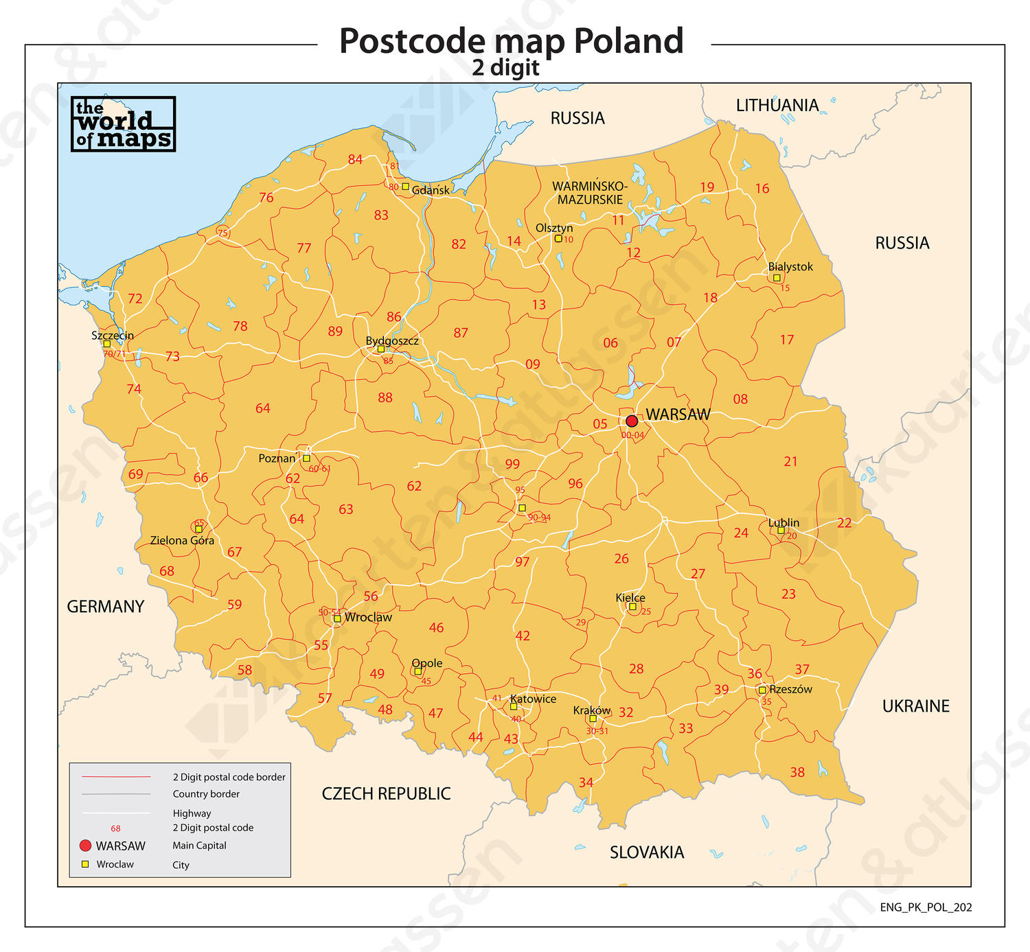 Polen 2-cijferige postcodekaart 202 | Kaarten en Atlassen.nl