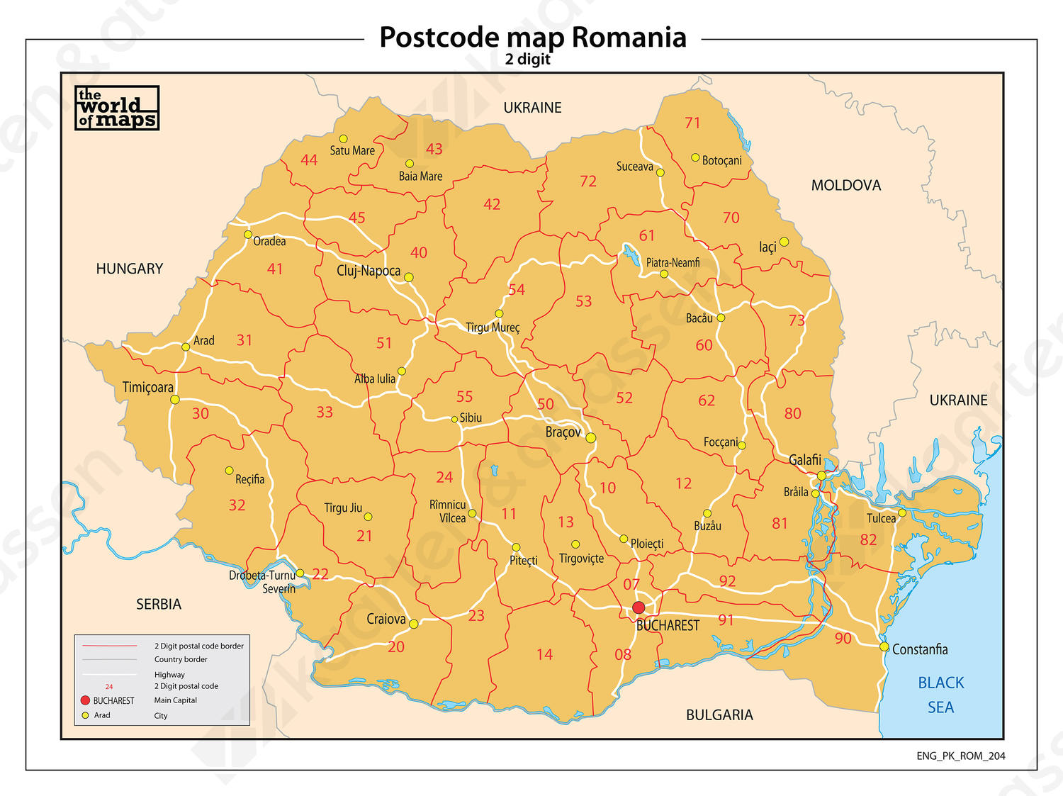 Roemenië 2-cijferige postcodekaart 204 Roemenië 2-cijferige postcodekaart 204