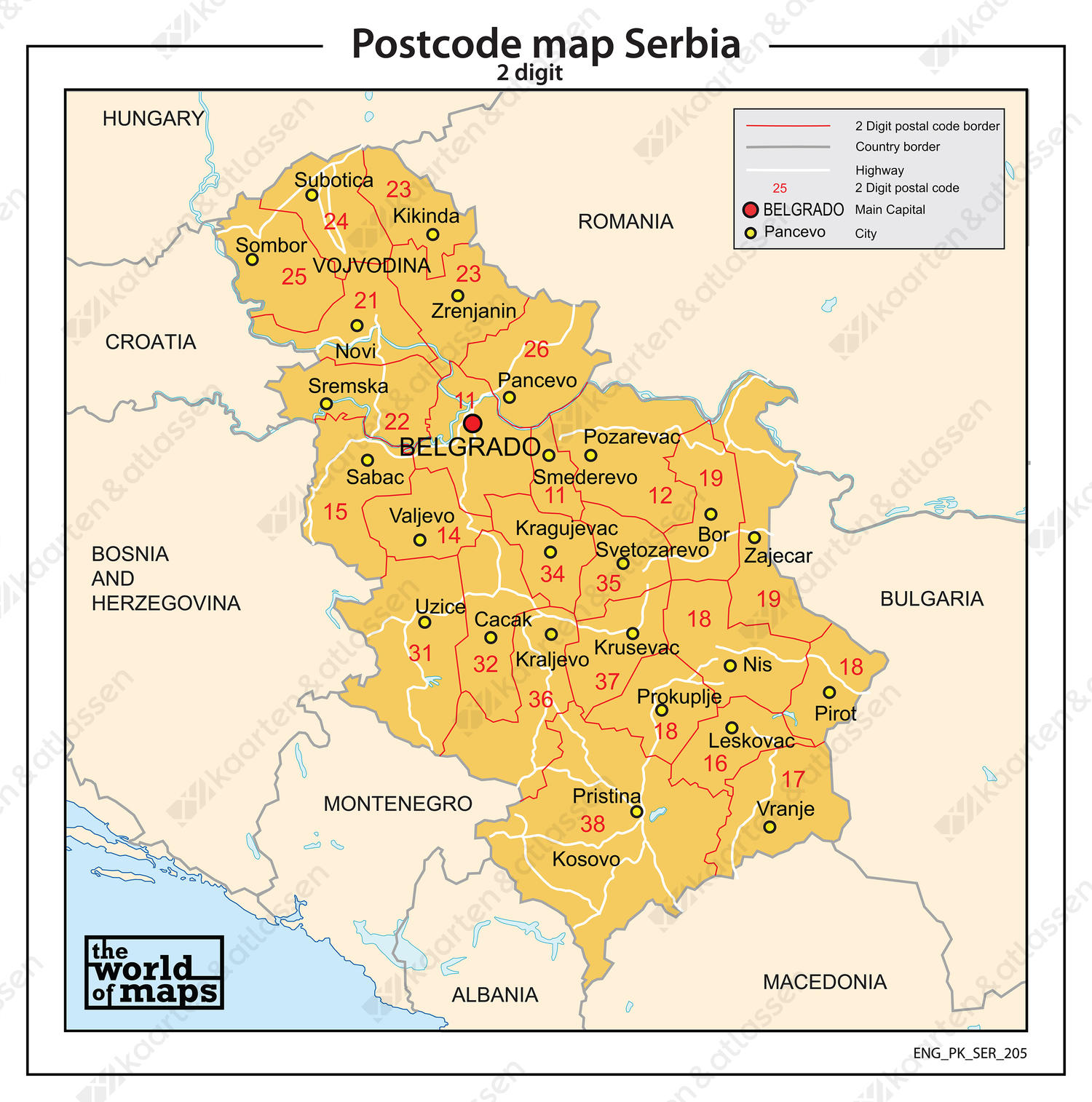 Servië 2-cijferige postcodekaart 205