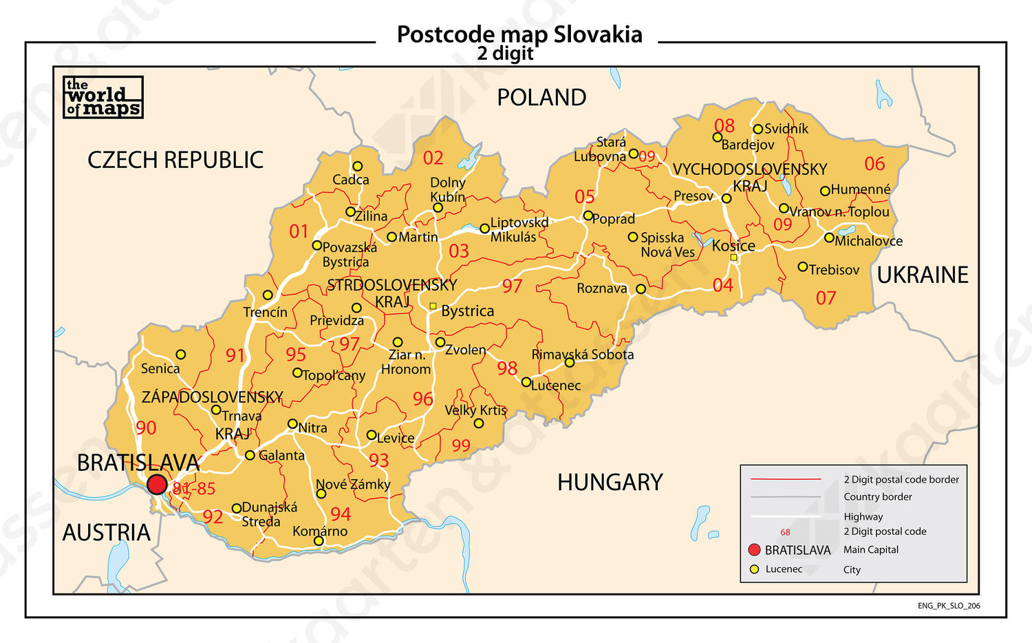 Slowakije 2-cijferige postcodekaart 206 Slowakije 2-cijferige postcodekaart 206