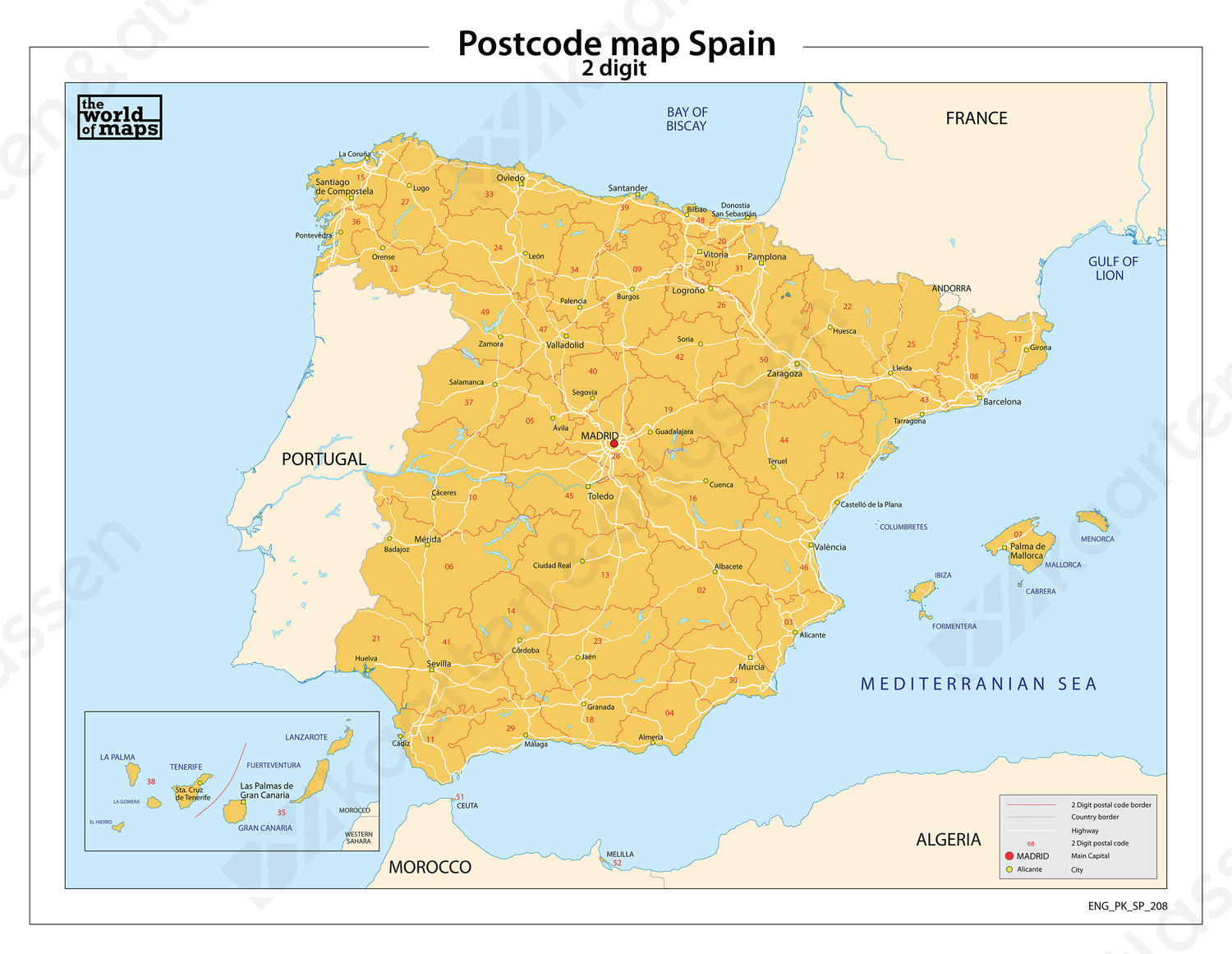 Digitale postcodekaart Spanje 2-cijferig 208