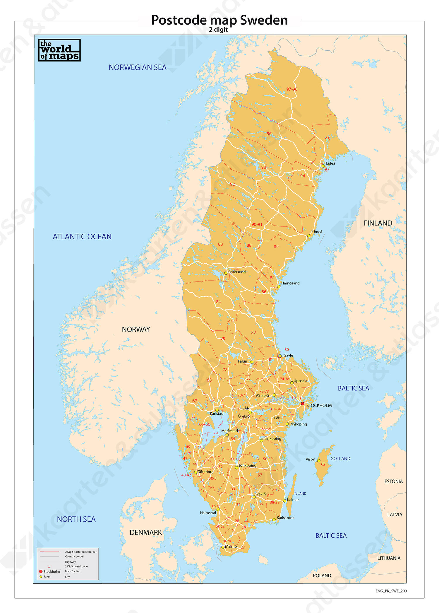 Digitale postcodekaart Zweden 2-cijferig 209