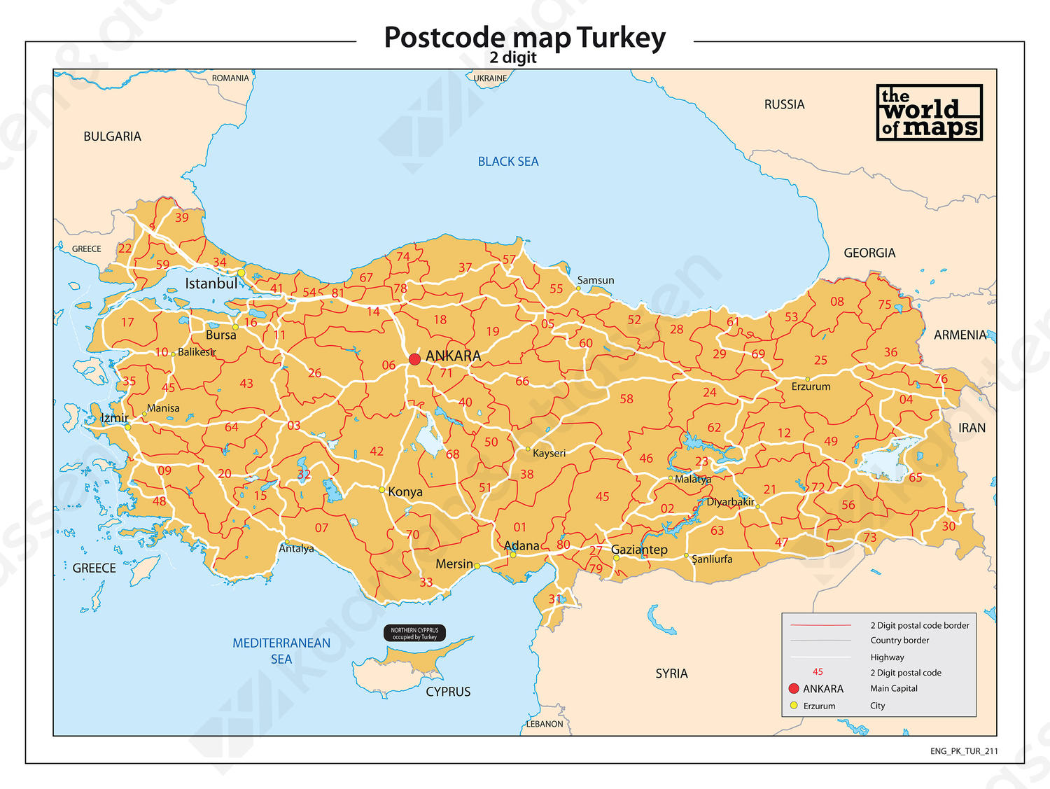 Digitale postcodekaart Turkije 2-cijferig 211